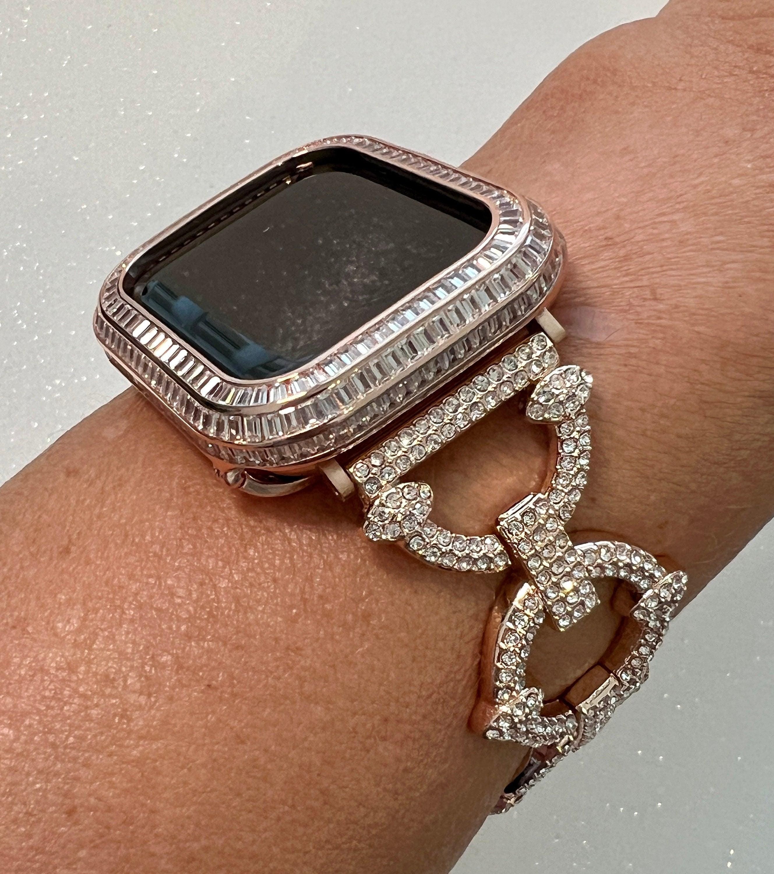 Custom Apple Watch Band Womens Rose Gold Swarovski Crystals & or Designer Apple Watch Cover Baguette Lab Diamond Bezel Case Iwatch Candy