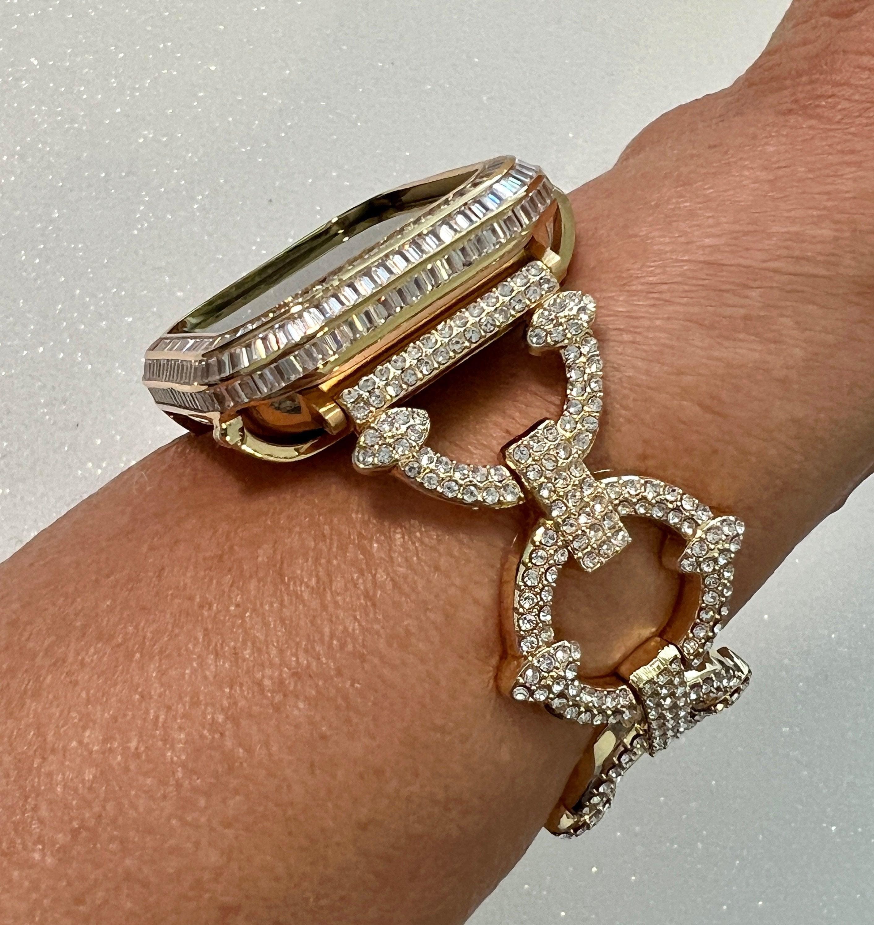 Designer Apple Watch Band Women Yellow Gold Swarovski Crystal & or Custom Apple Watch Cover Baguette Lab Diamonds Bezel Case Iwatch Candy