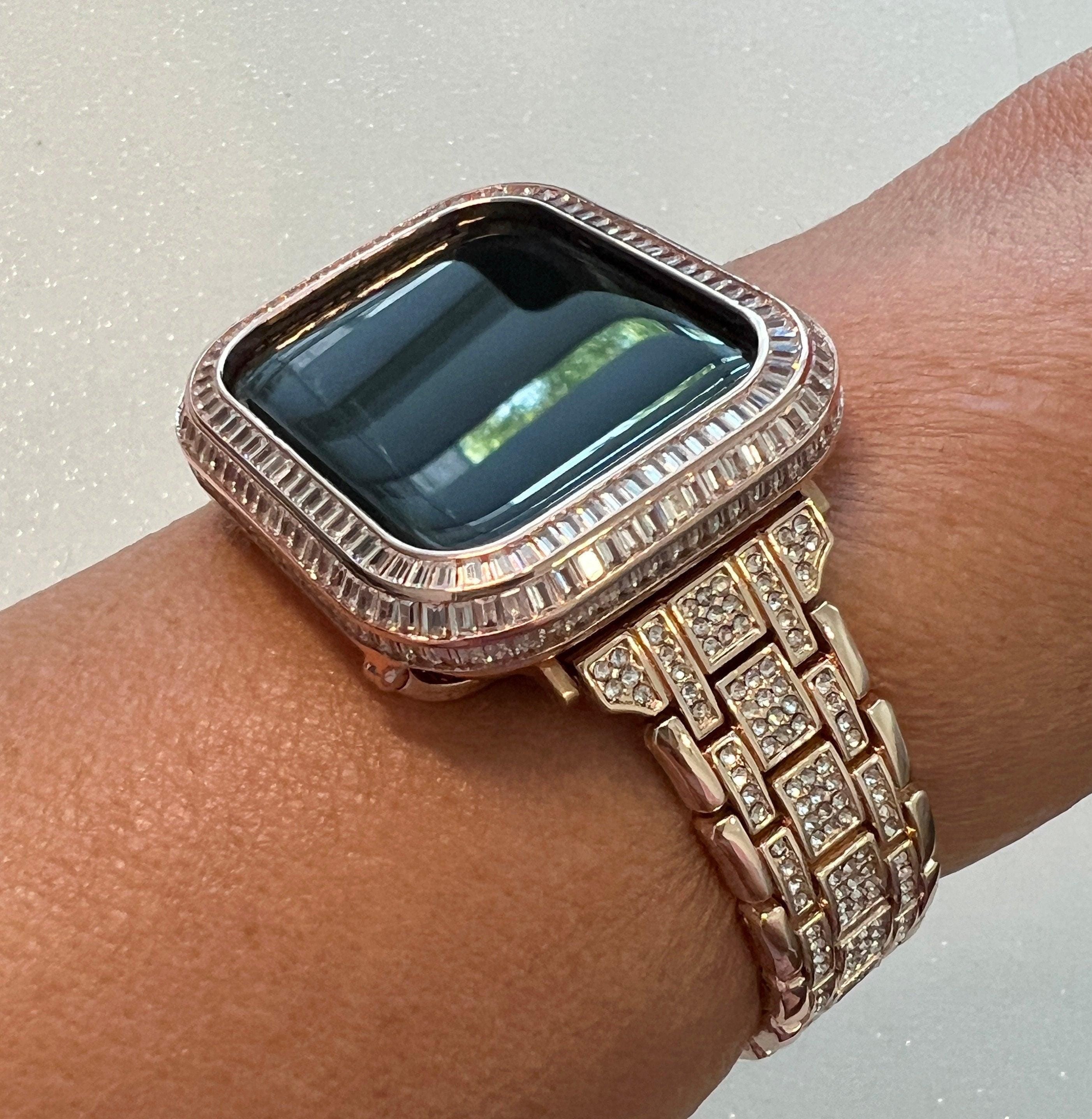 Luxury Apple Watch Band Womens Rose Gold Crystals & or Apple Watch Case Baguette Lab Diamonds Bumper Cover Iwatch Candy Bling