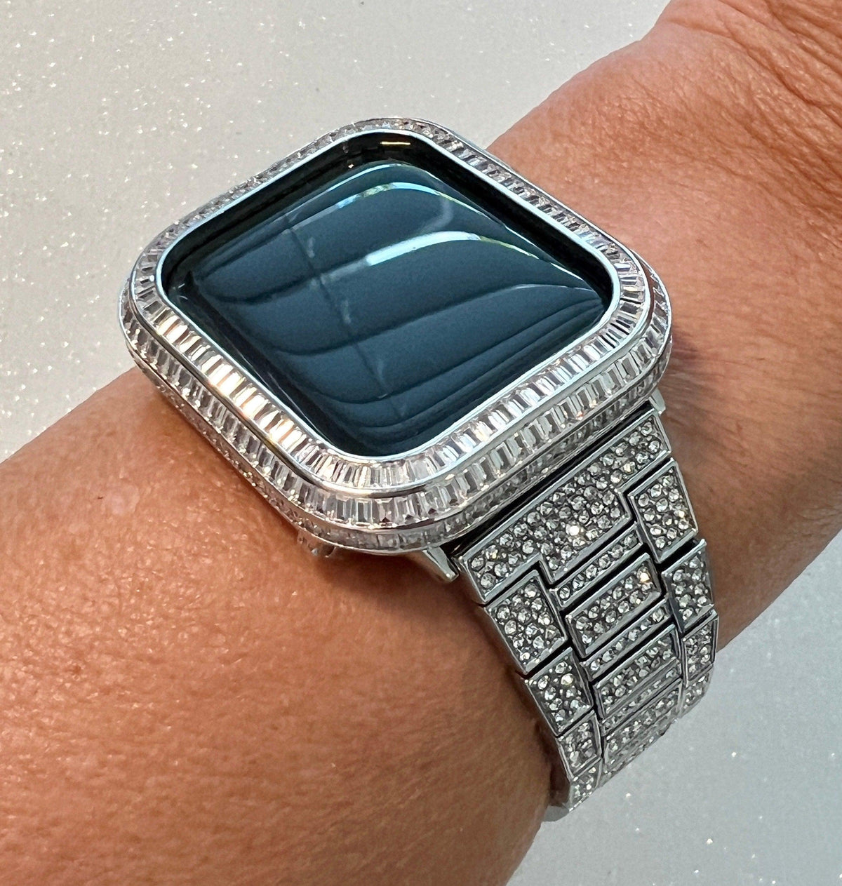 Luxury Apple Watch Band Silver Pave Swarovski Crystal & or Apple Watch Case Baguette Lab Diamond Bezel Cover Iwatch Candy Bling, Iphone case