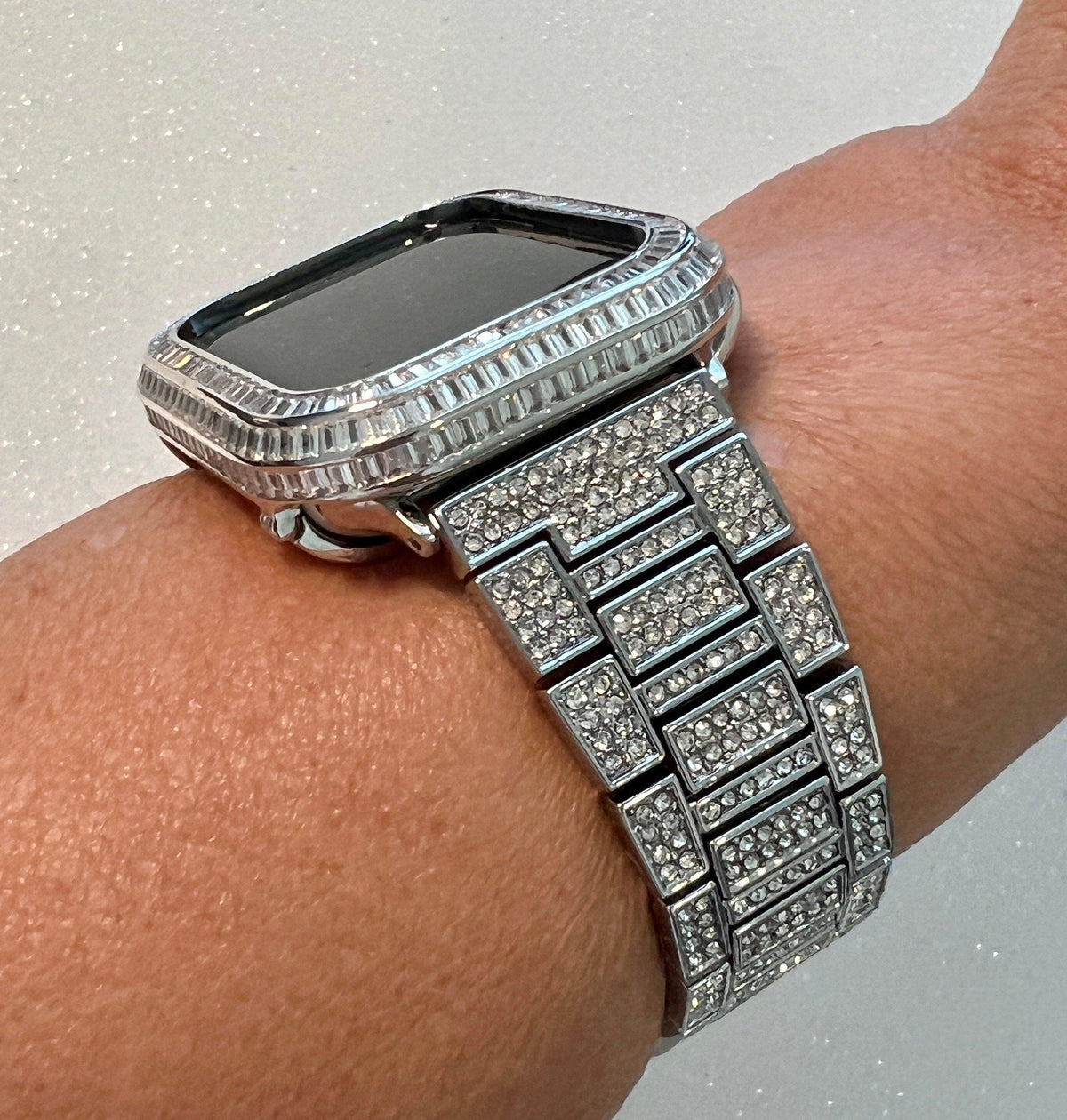 Luxury Apple Watch Band Silver Pave Swarovski Crystal & or Apple Watch Case Baguette Lab Diamond Bezel Cover Iwatch Candy Bling, Iphone case