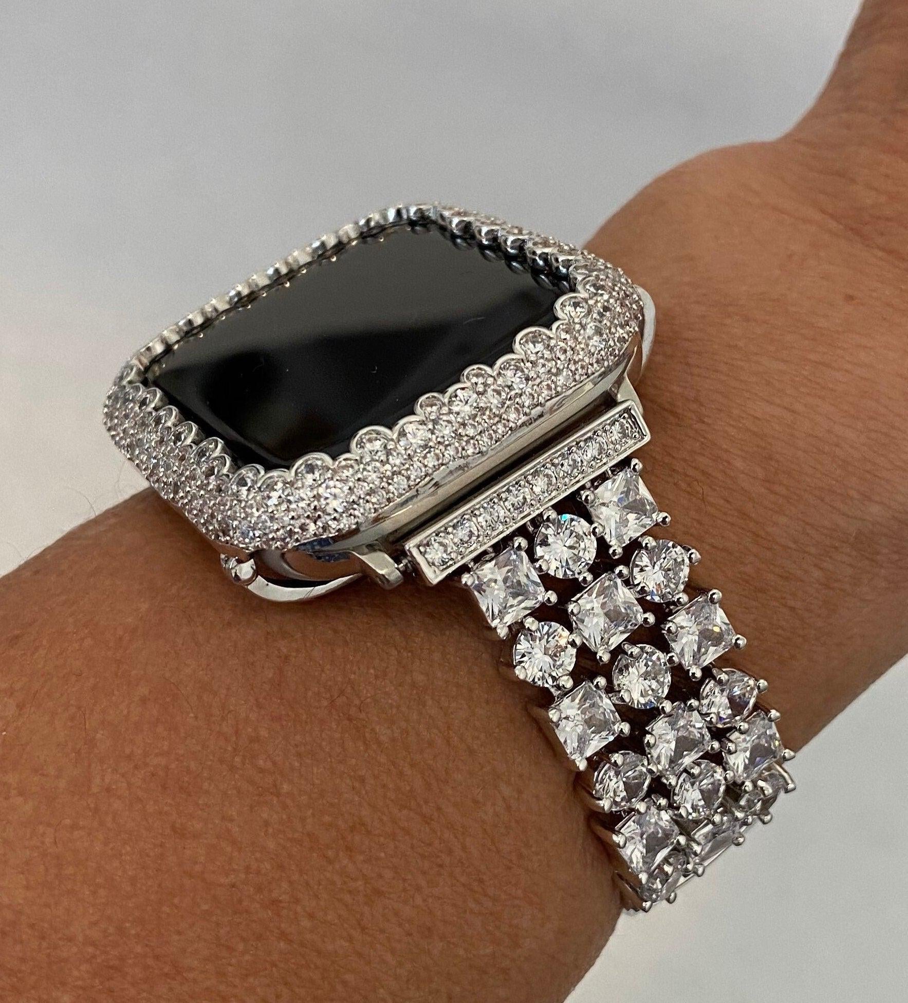 Womens Silver Women Apple Watch Band Swarovski Crystal 41mm 45mm 49mm Ultra & or Iphone Apple Watch Cover Lab Diamond Iwatch Case Bling