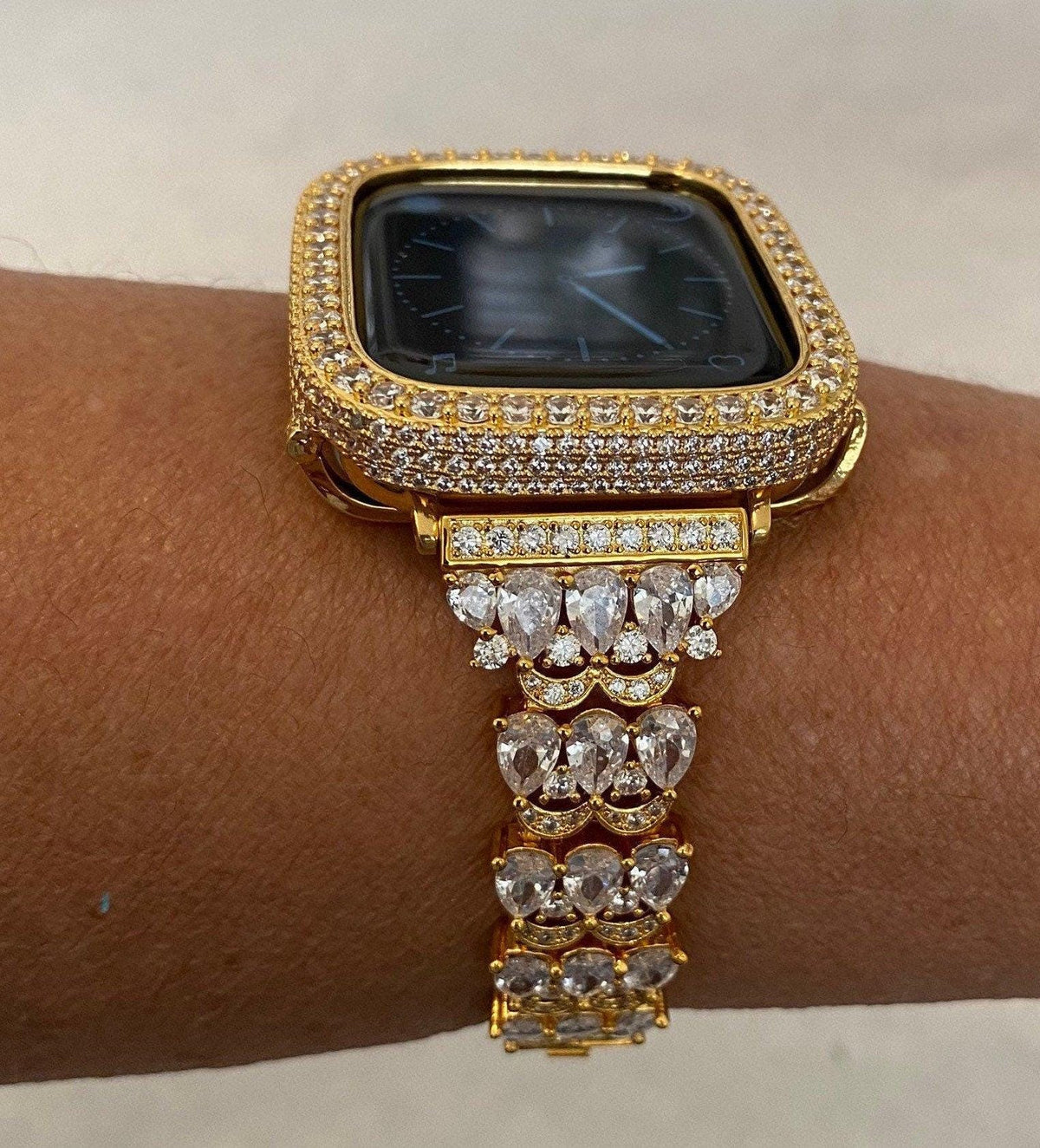 Luxury Apple Watch Band Womens Yellow Gold Swarovski Crystals & or Apple Watch Case for Iphone Watch Lab Diamond Cover 38-49mm Iwatch Candy