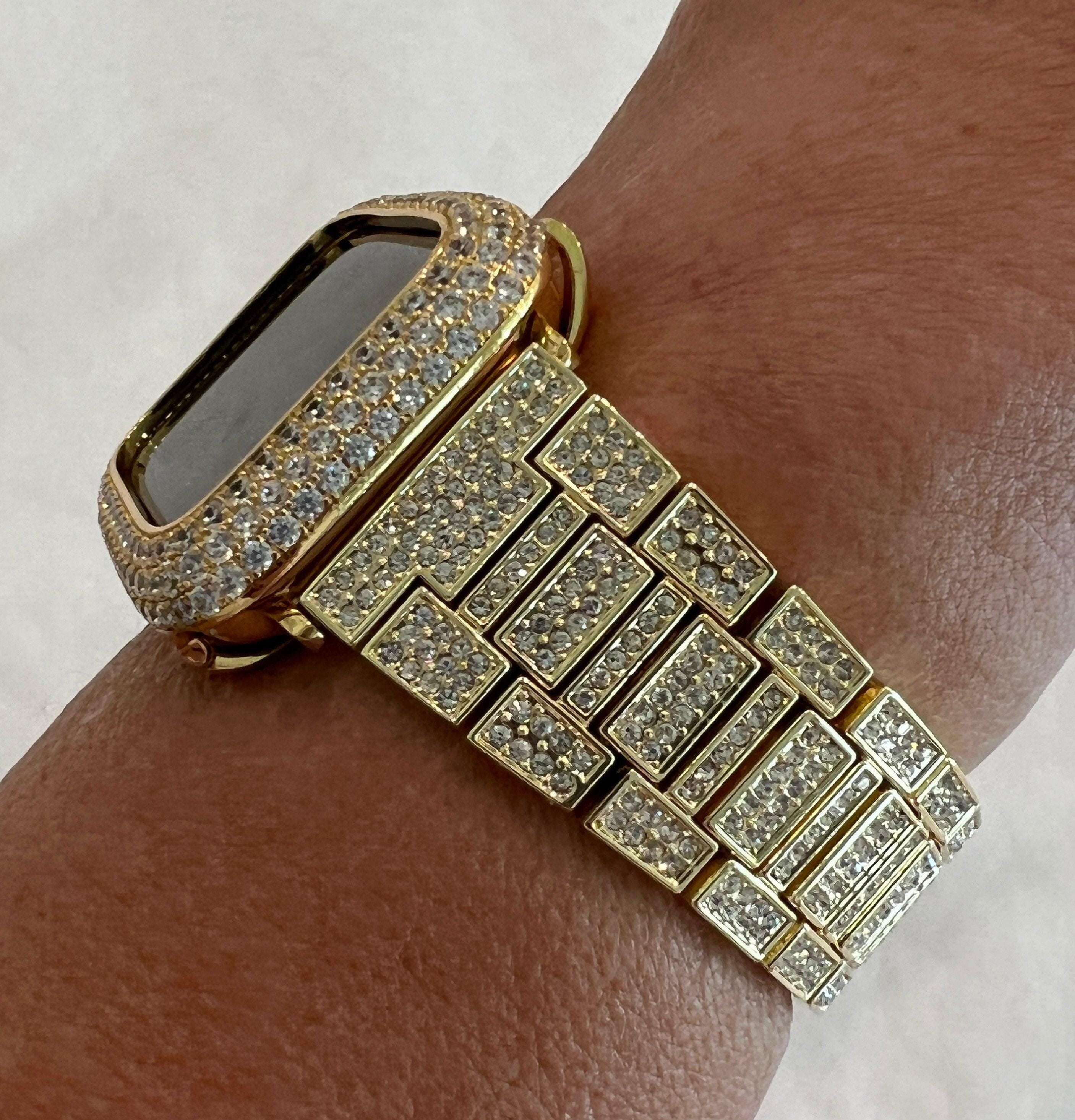 Pave Apple Watch Band Gold Crystals 38mm-49mm Ultra & or Apple Watch Cover Lab Diamond Bezel Apple Watch Case Iwatch Candy Bling