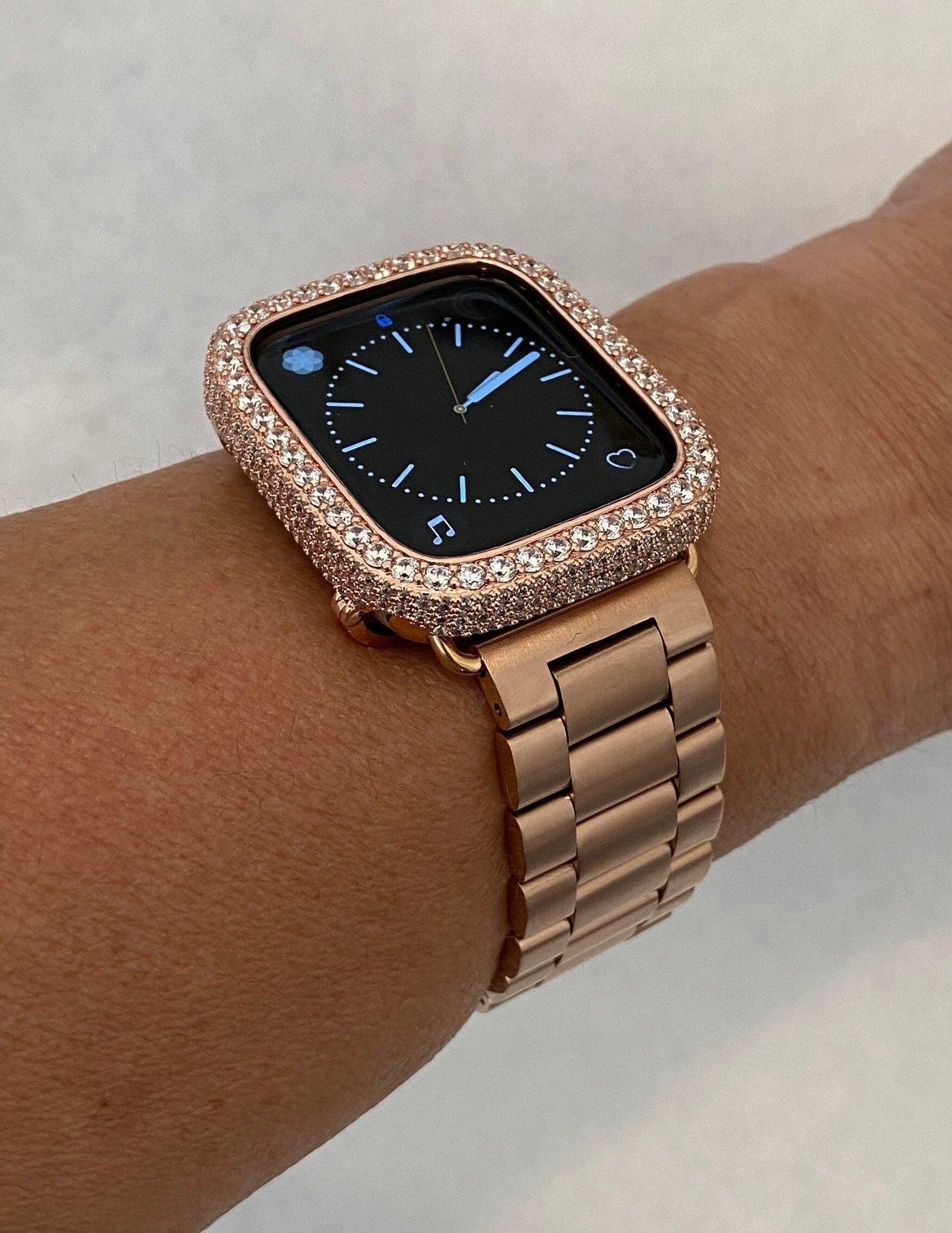 Rose Gold Apple Watch Band Stainless Steel & or Apple Watch Cover Lab Diamond Bezel Apple Watch Face Bumper Bling 38mm-49mm Series 2-9