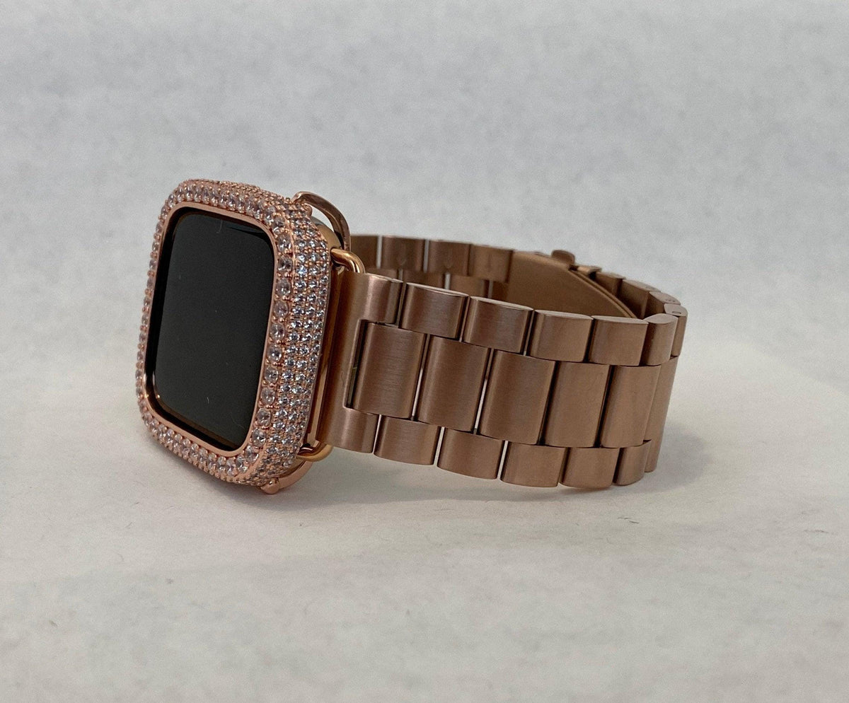 Rose Gold Apple Watch Band Stainless Steel & or Apple Watch Cover Lab Diamond Bezel Apple Watch Face Bumper Bling 38mm-49mm Series 2-9