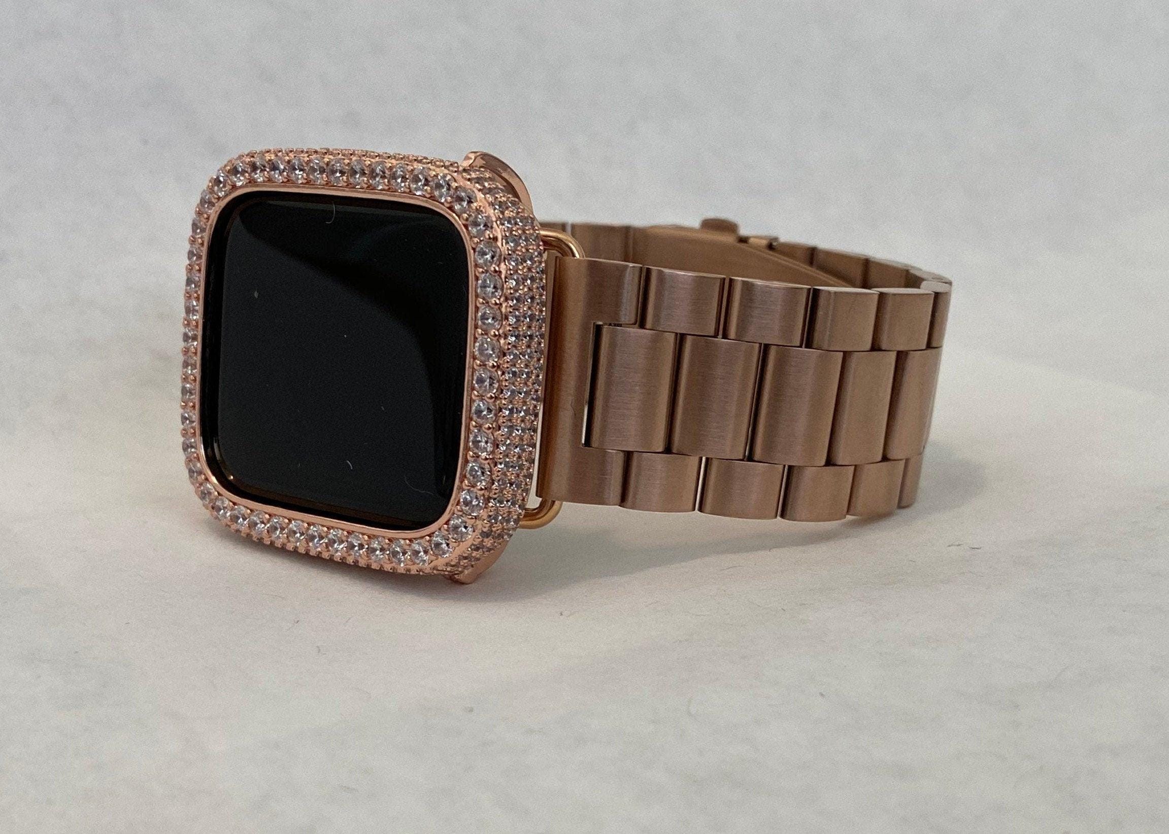 Rose Gold Apple Watch Band Stainless Steel & or Apple Watch Cover Lab Diamond Bezel Apple Watch Face Bumper Bling 38mm-49mm Series 2-9