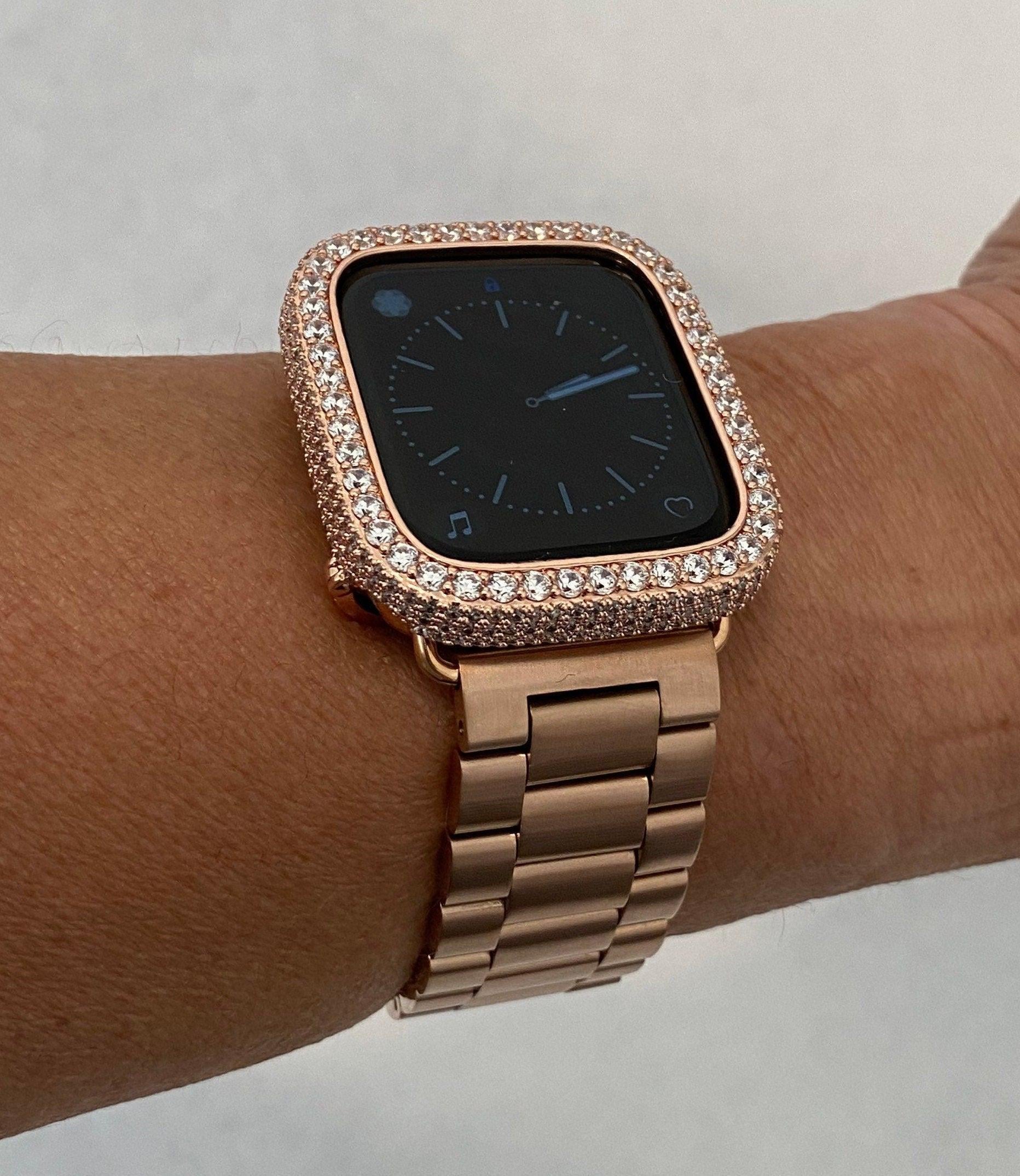 Rose Gold Apple Watch Band Stainless Steel & or Apple Watch Cover Lab Diamond Bezel Apple Watch Face Bumper Bling 38mm-49mm Series 2-9
