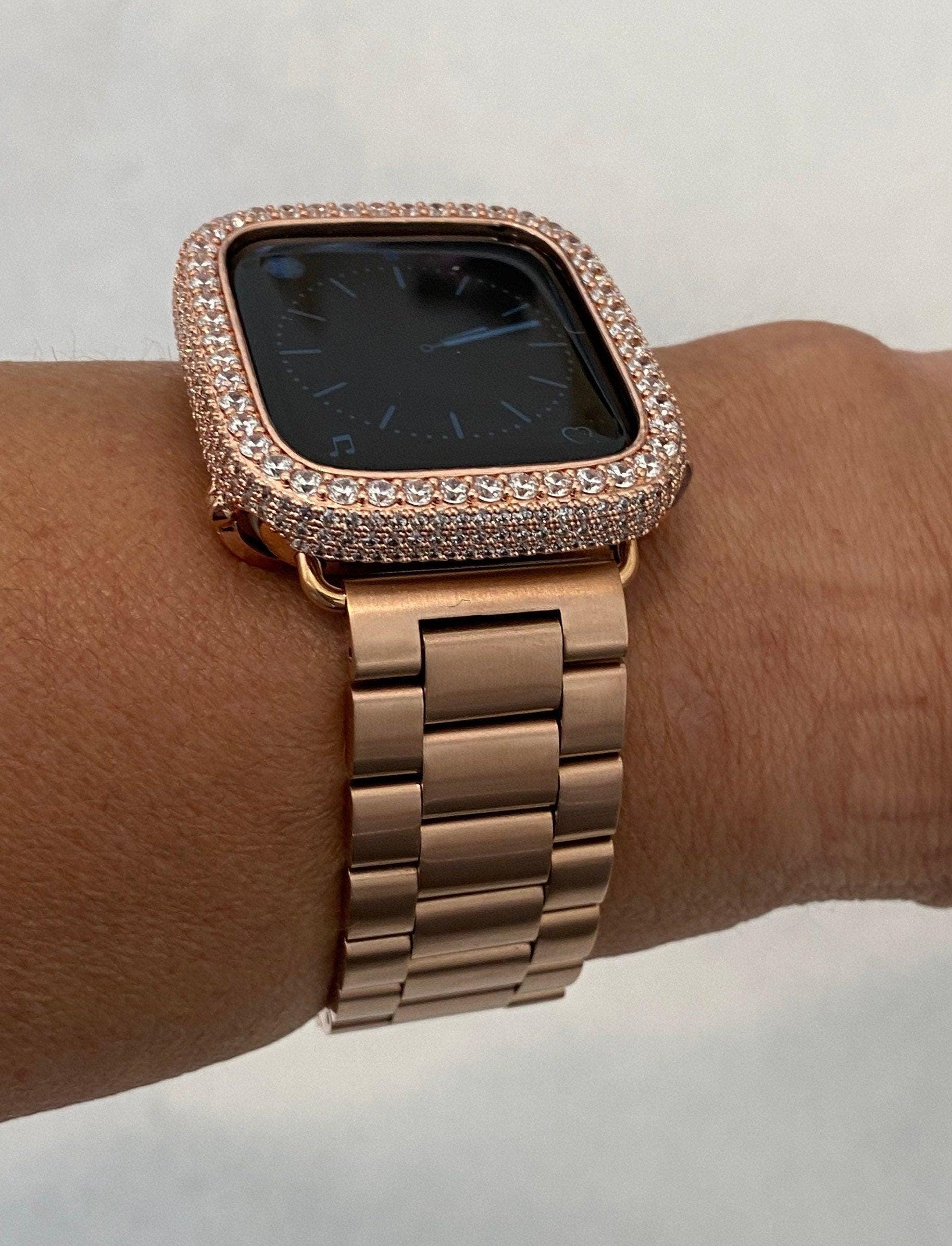 Rose Gold Apple Watch Band Stainless Steel & or Apple Watch Cover Lab Diamond Bezel Apple Watch Face Bumper Bling 38mm-49mm Series 2-9