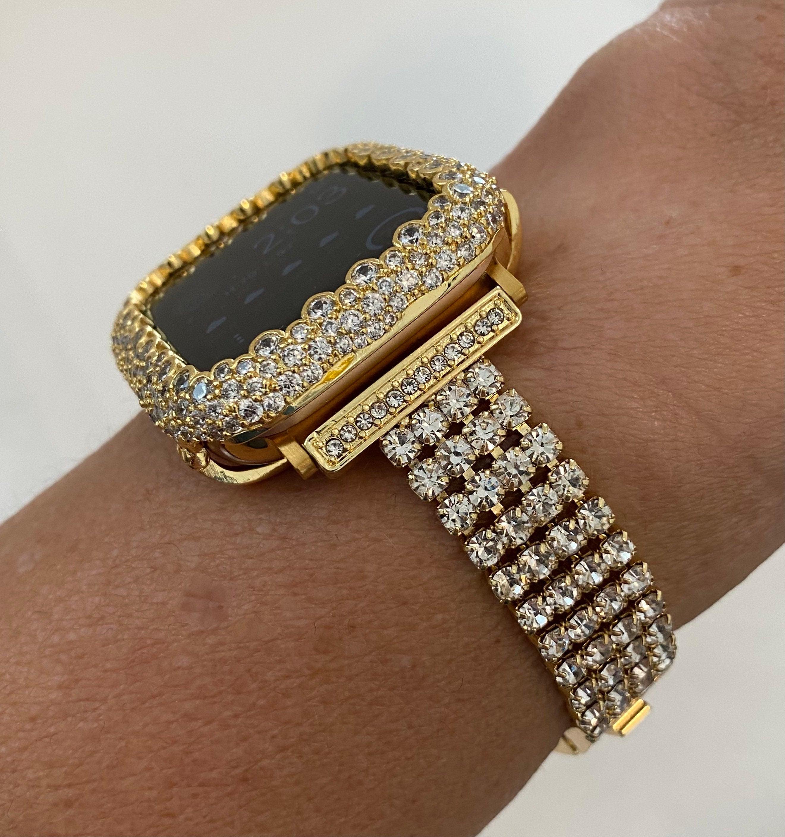 Designer Gold Apple Watch Band 41mm 45mm 49mm Ultra Swarovski Crystals & or Lab Diamond Bezel Cover Iwatch Bling 38mm-44mm Smartwatch Bumper Iwatch Candy