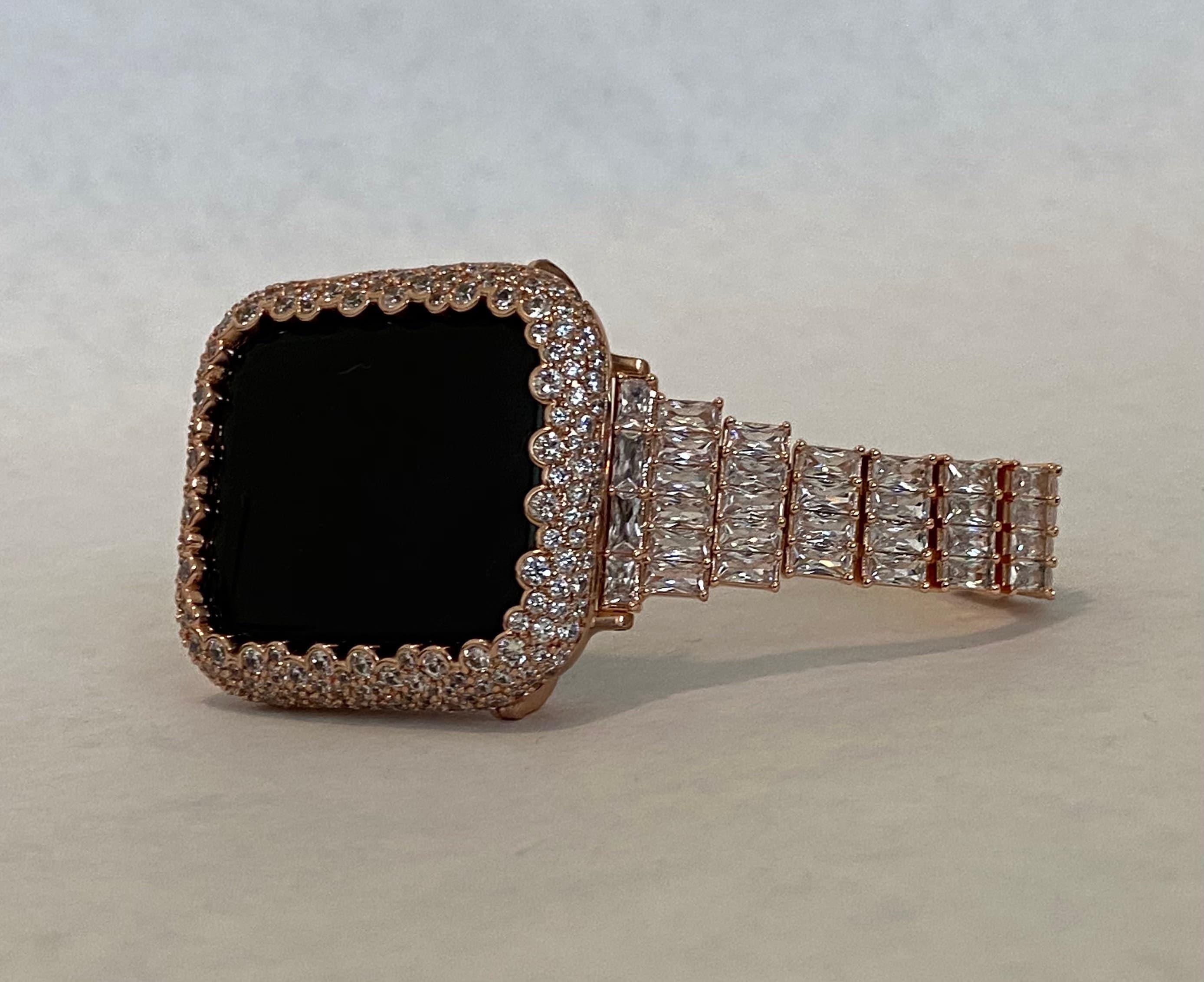 Rose Gold Apple Watch Band 38,40,41,42,44,45,49mm Ultra Crystals & or Apple Watch Cover Lab Diamond Bezel Case Iwatch Candy Bling