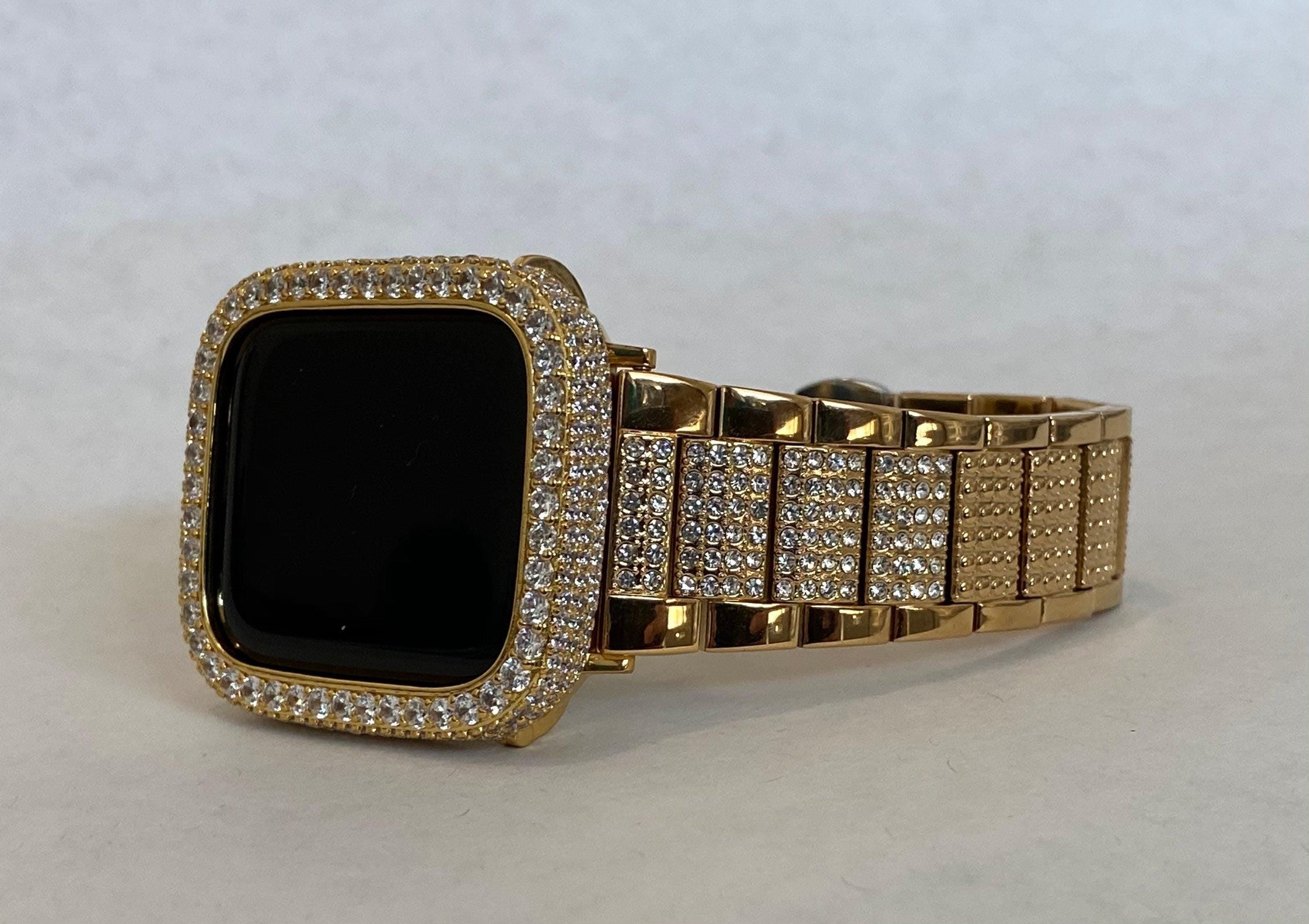 Series 1-8 Apple Watch Band Gold 41mm 45mm 49mm Ultra & or Lab Diamond Bezel Case Cover 38 40 42 44mm for Smartwatch Bumper Bling
