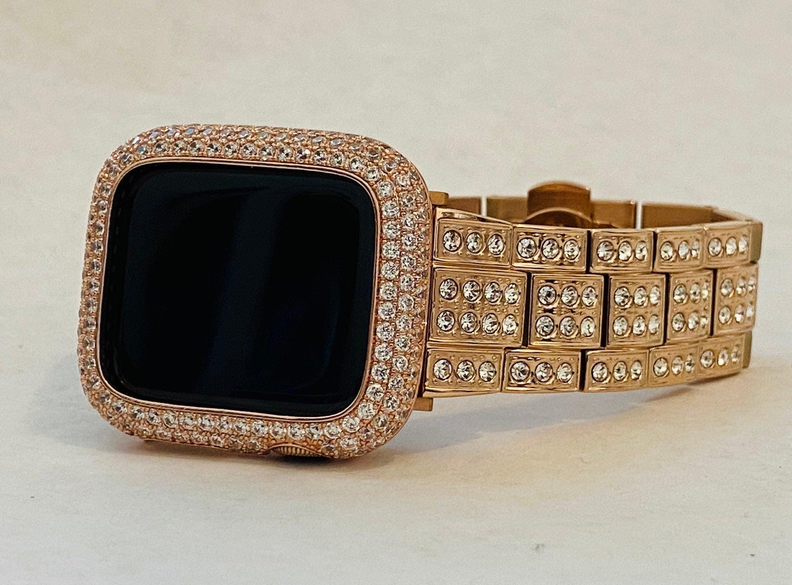 Designer Apple Watch Band Women 41mm 45mm 49mm Ultra Rose Gold Swarovski Crystal & or Lab Diamond Bezel Apple Watch Cover Smartwatch Bumper