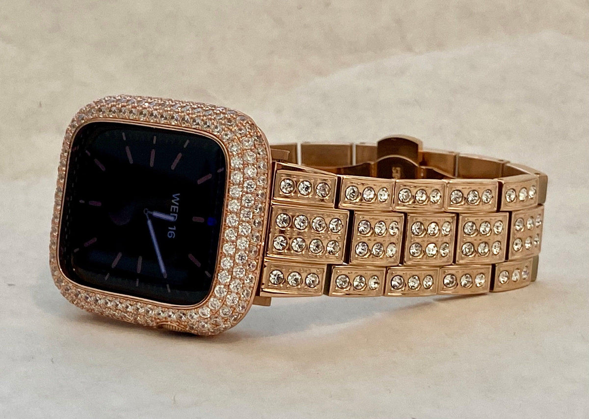 Designer Apple Watch Band Women 41mm 45mm 49mm Ultra Rose Gold Swarovski Crystal & or Lab Diamond Bezel Apple Watch Cover Smartwatch Bumper