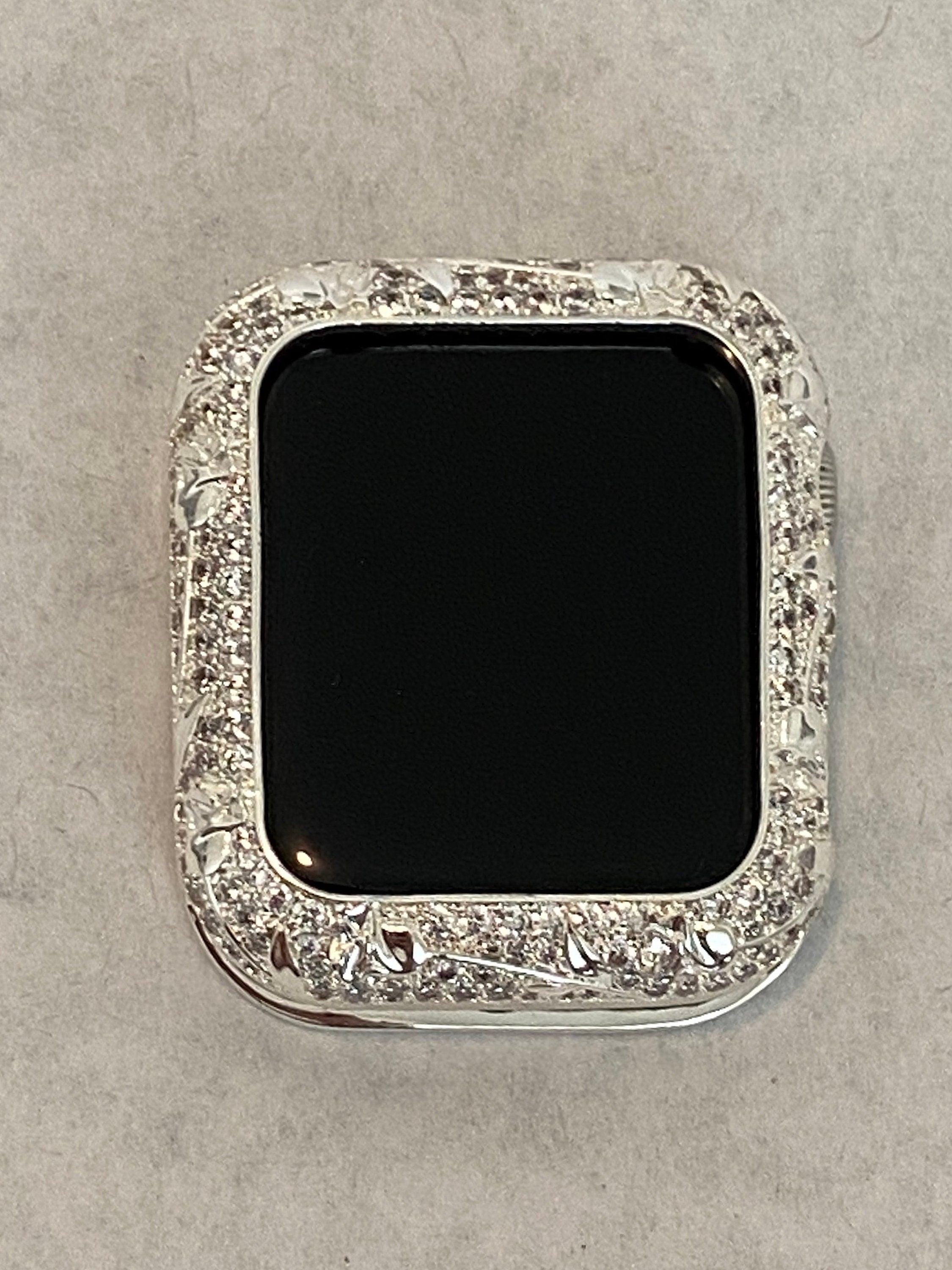 Custom Apple Watch Cover Silver Cover Floral Design Swarovski Crystal Smartwatch Bezel Bumper 38mm 40mm 41mm 42mm 44mm 45mm Series 2-8 SE