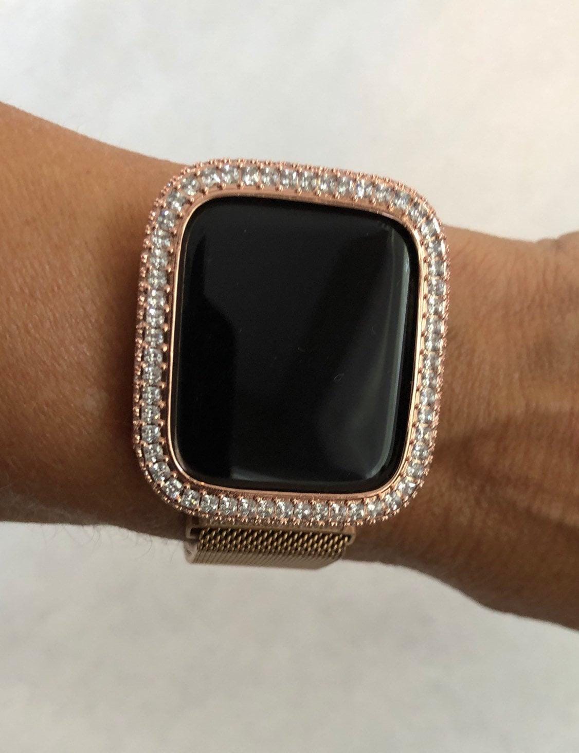 Bling Apple Watch Bezel Cover 40mm 44mm Rose Gold with Square & Pave 2.5mm Lab Diamonds Smartwatch Bumper Case Bling