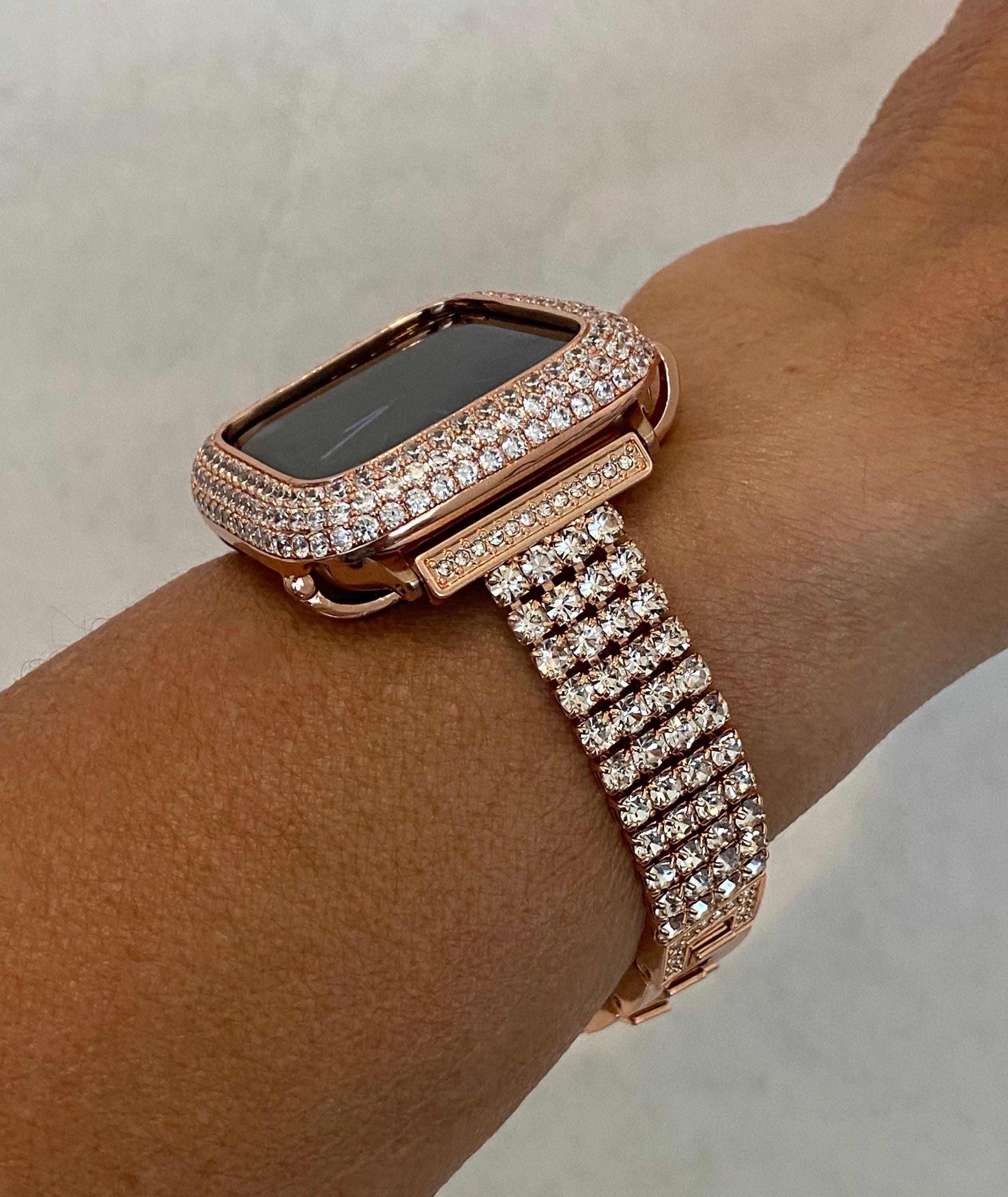 Rose Gold Apple Watch Band Womens Swarovski Crystal Iphone Watch Bracelet & or Apple Watch Case Lab Diamond Bezel Cover 38mm-49mm Ultra