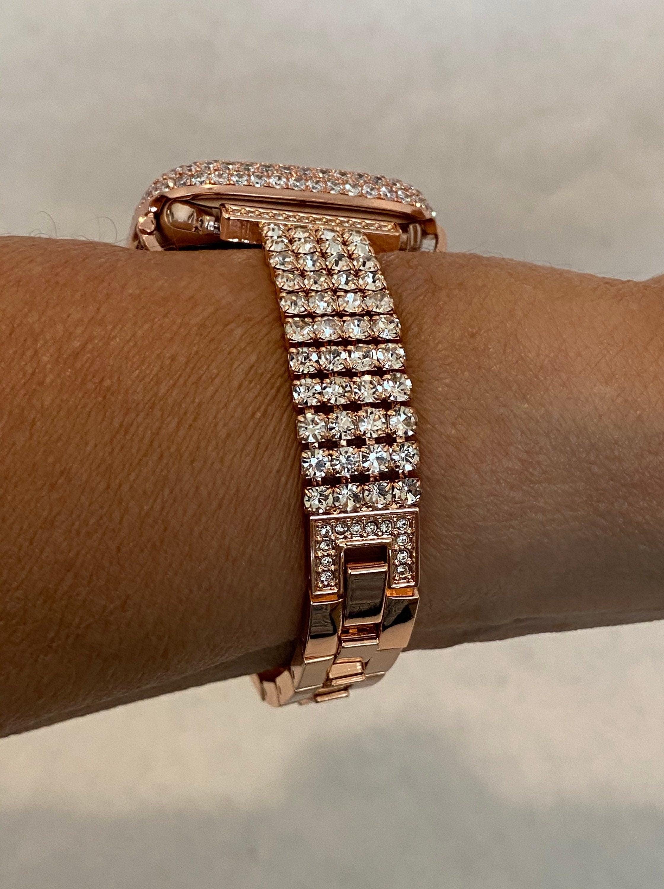 Rose Gold Apple Watch Band Womens Swarovski Crystal Iphone Watch Bracelet & or Apple Watch Case Lab Diamond Bezel Cover 38mm-49mm Ultra
