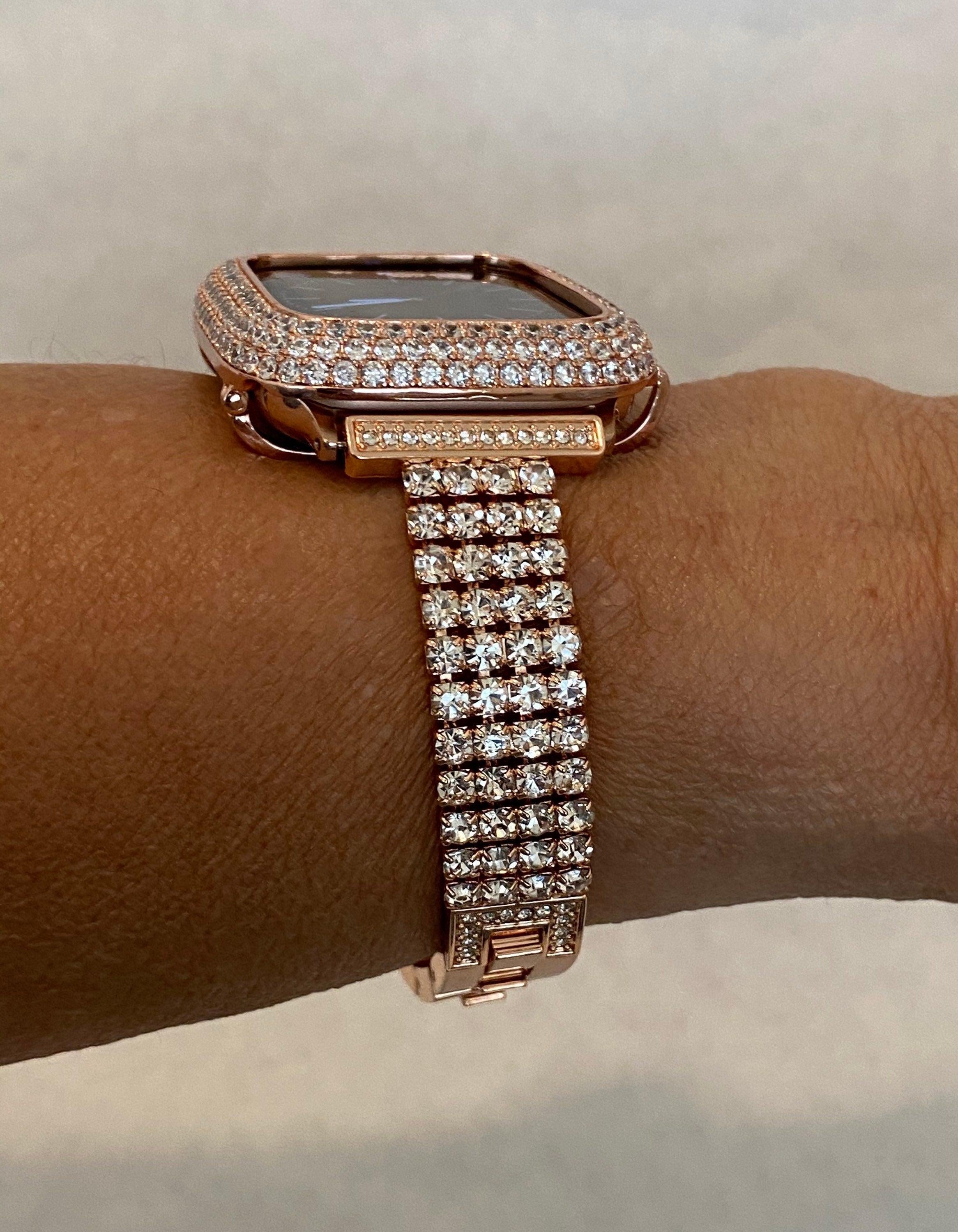 Rose Gold Apple Watch Band Womens Swarovski Crystal Iphone Watch Bracelet & or Apple Watch Case Lab Diamond Bezel Cover 38mm-49mm Ultra