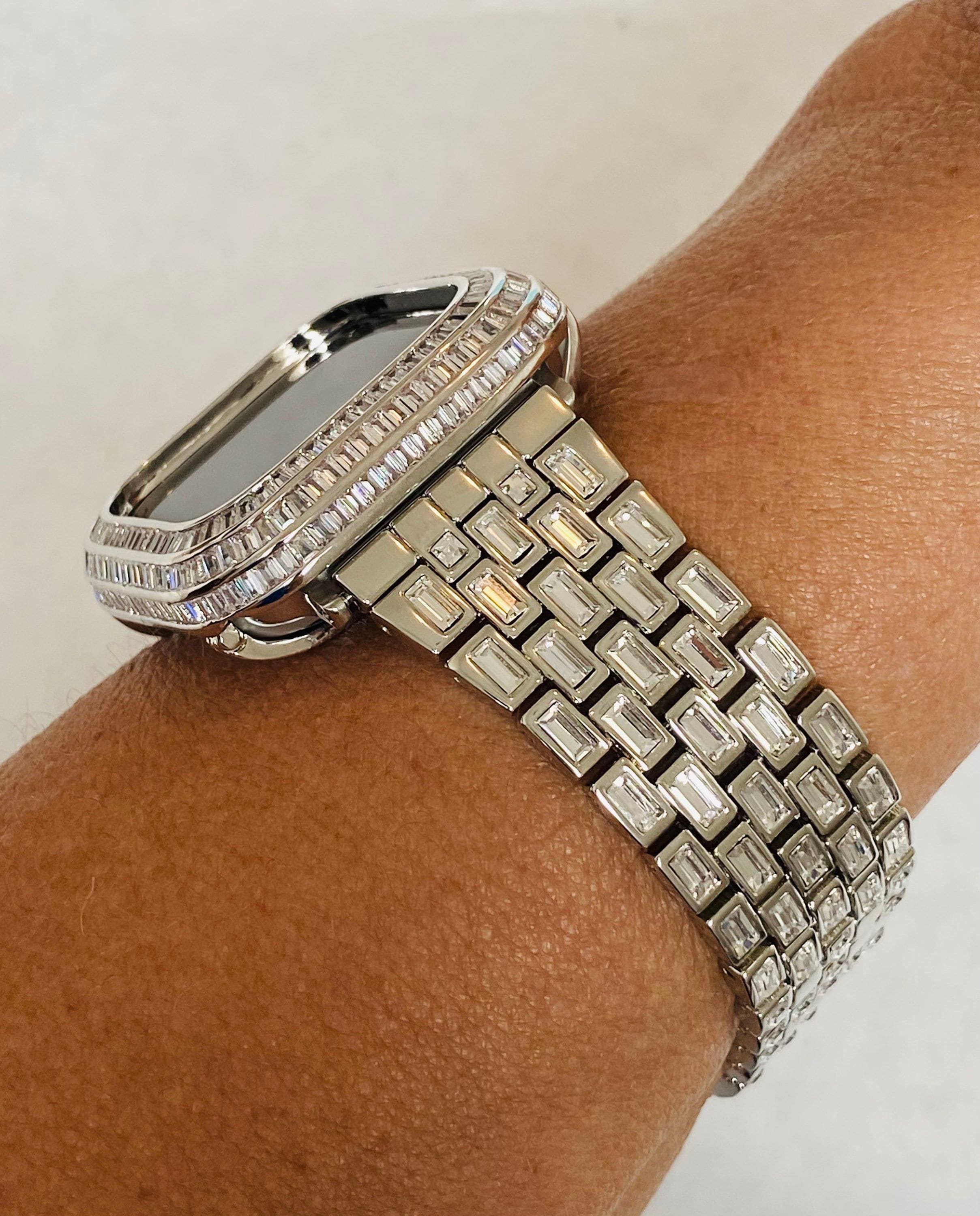 Silver Apple Watch Band Silver 40mm 41mm 44mm 45mm & or White Gold Lab Diamond Baguette Bezel Cover Smartwatch Bumper Bling Series 4-9 SE