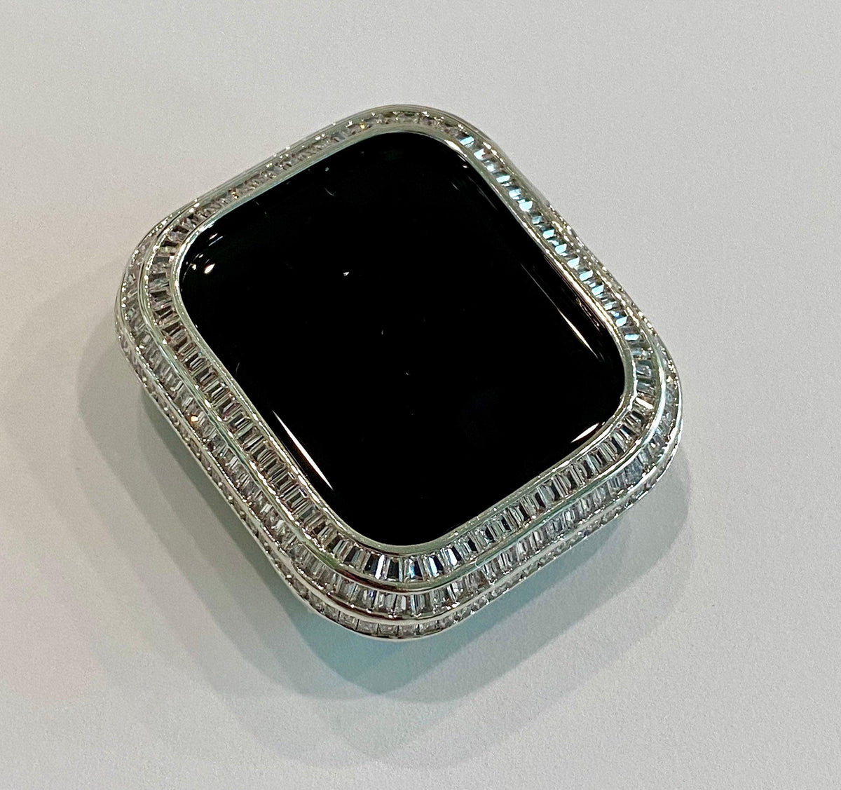 Silver Apple Watch Band Silver 40mm 41mm 44mm 45mm & or White Gold Lab Diamond Baguette Bezel Cover Smartwatch Bumper Bling Series 4-9 SE