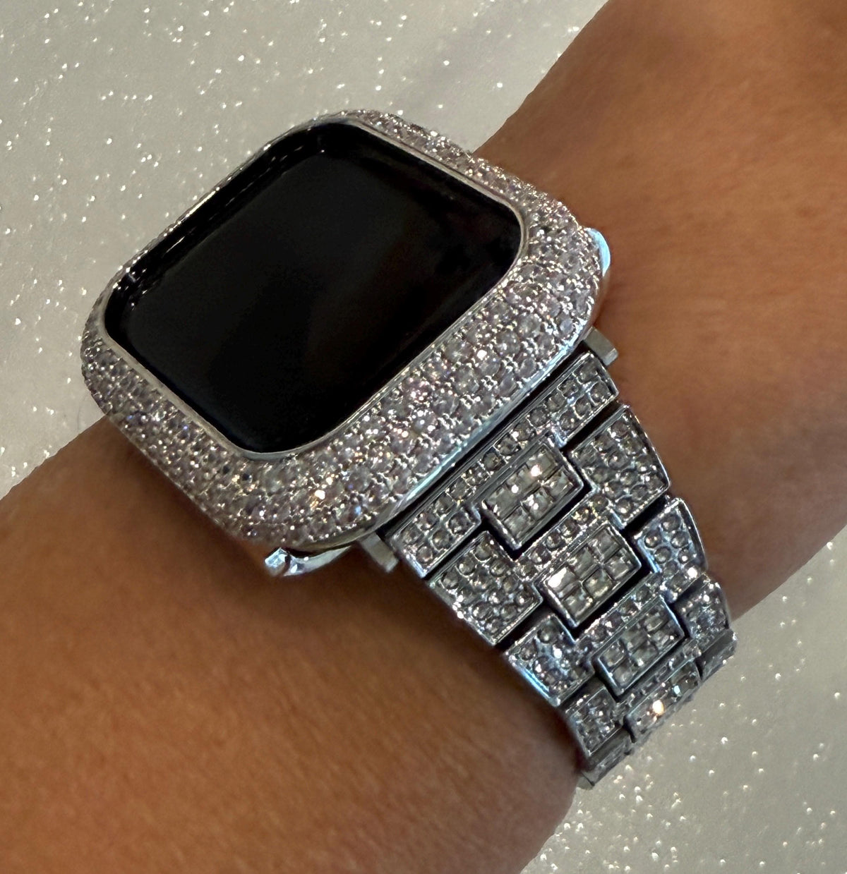 Pave Silver Apple Watch Band Women 38mm-49mm Ultra Swarovski Crystal & or Apple Watch Cover Lab Diamond Bezel Apple Watch Case Series 2-12
