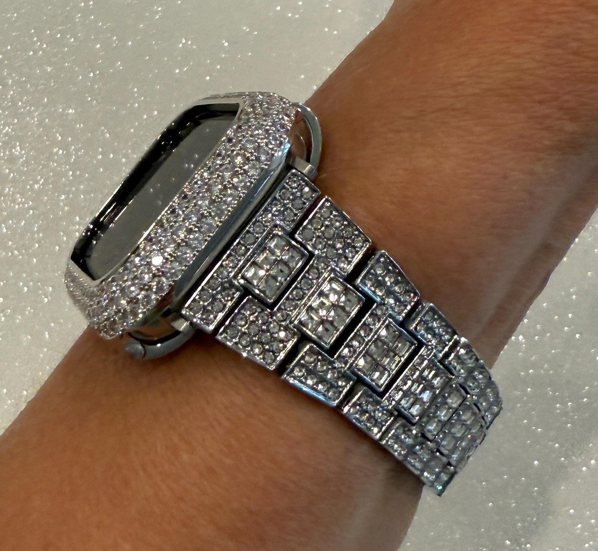 Pave Silver Apple Watch Band Women 38mm-49mm Ultra Swarovski Crystal & or Apple Watch Cover Lab Diamond Bezel Apple Watch Case Series 2-12