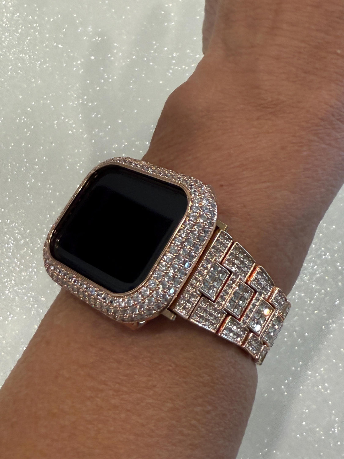 Pave Rose Gold Apple Watch Band Women 38 40 41 42 44 45 46 49 Ultra Swarovski Crystal & or Apple Watch Cover Lab Diamond Bezel Series 10-12