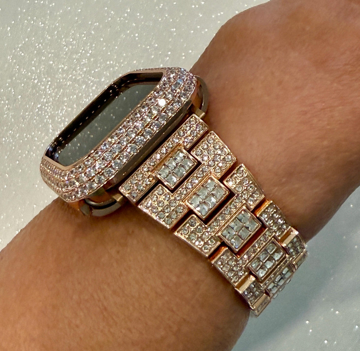 Pave Rose Gold Apple Watch Band Women 38 40 41 42 44 45 46 49 Ultra Swarovski Crystal & or Apple Watch Cover Lab Diamond Bezel Series 10-12
