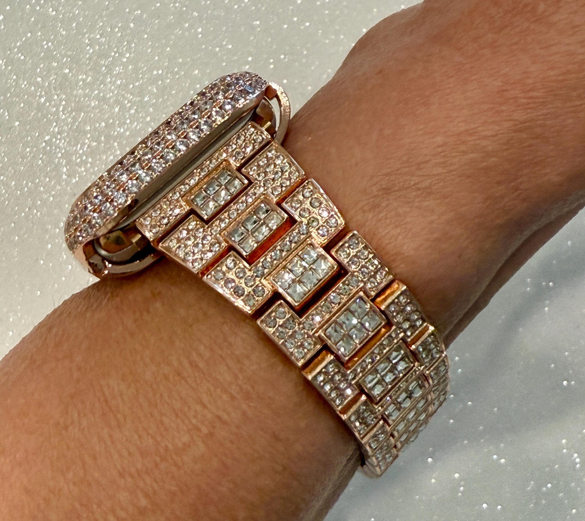 Pave Rose Gold Apple Watch Band Women 38 40 41 42 44 45 46 49 Ultra Swarovski Crystal & or Apple Watch Cover Lab Diamond Bezel Series 10-12