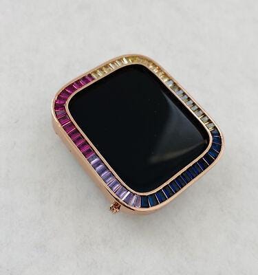 Rainbow Apple Watch Case 40mm 44mm Rose Gold Lab Diamond Bezel 38mm-46mm Series 2-12