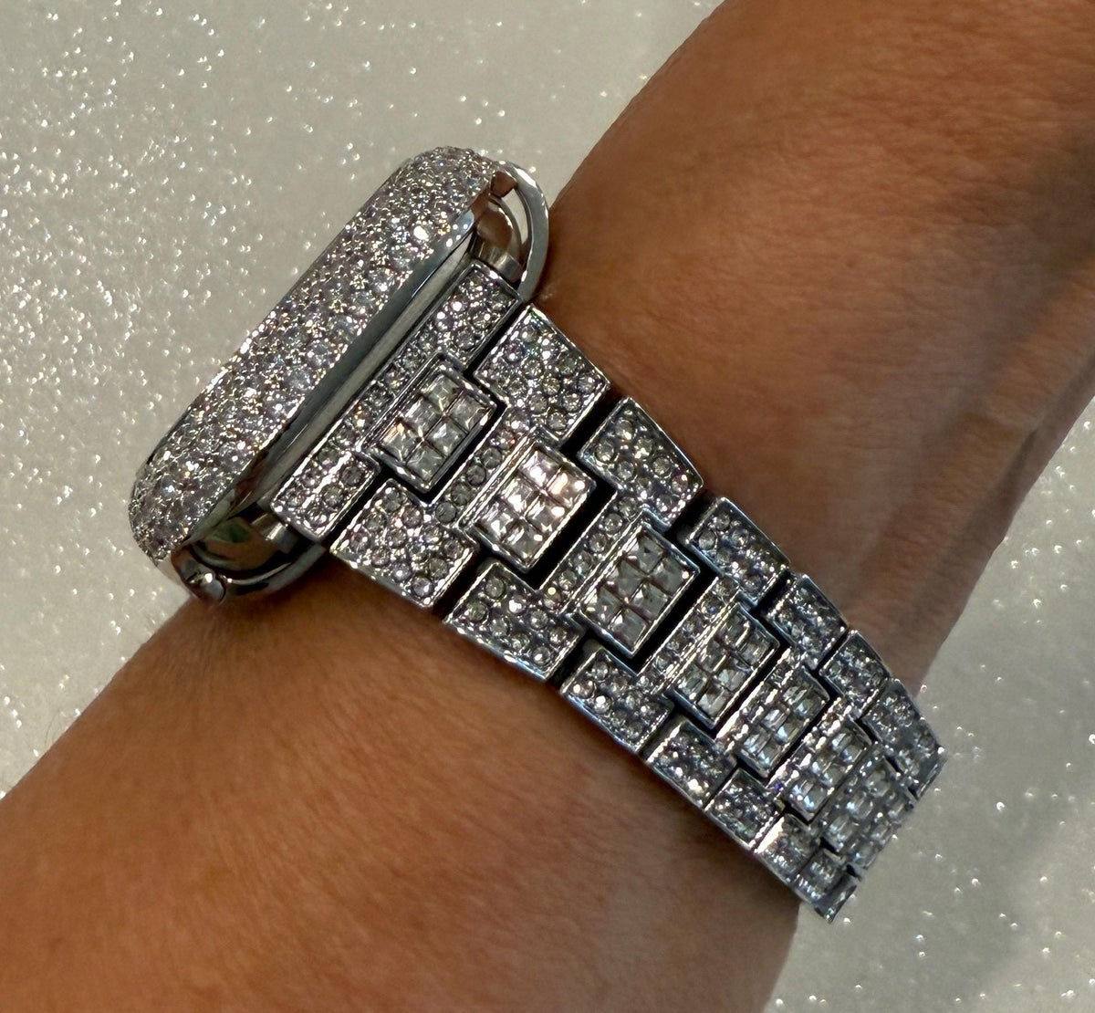 Pave Silver Apple Watch Band Women 38mm-49mm Ultra Swarovski Crystal & or Apple Watch Cover Lab Diamond Bezel Apple Watch Case Series 2-12