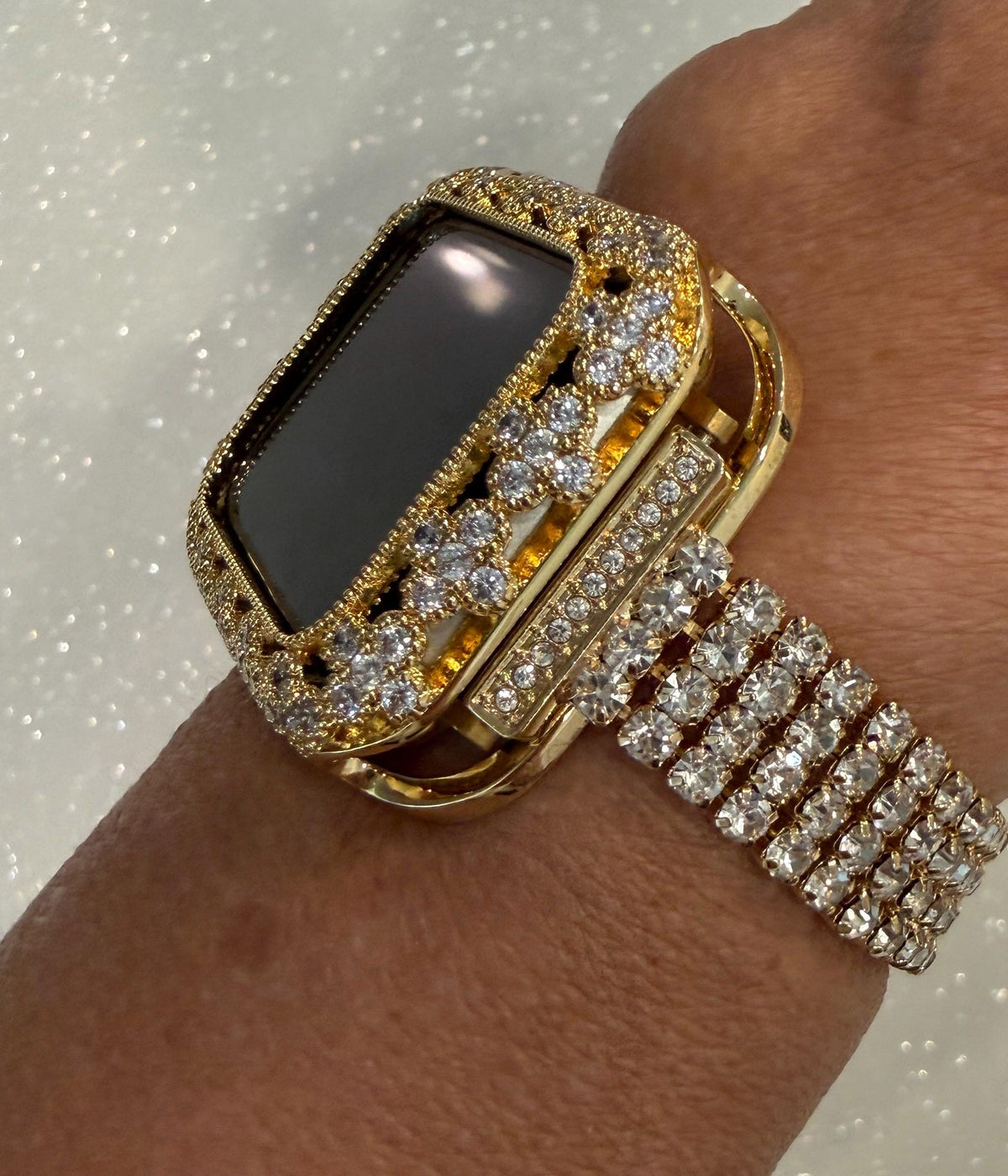 Gold Apple Watch Band Women Swarovski Crystals & or Flower Apple Watch Case for Iphone Watch 41mm-46mm Smartwatch Bumper Case Bling