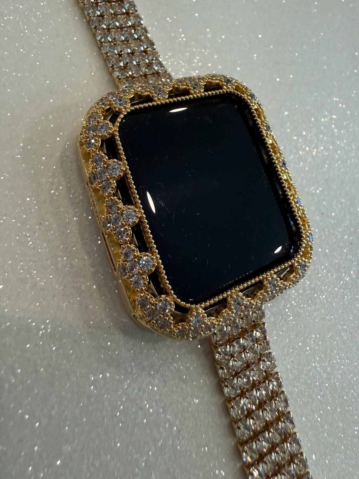 Gold Apple Watch Band Women Swarovski Crystals & or Flower Apple Watch Case for Iphone Watch 41mm-46mm Smartwatch Bumper Case Bling