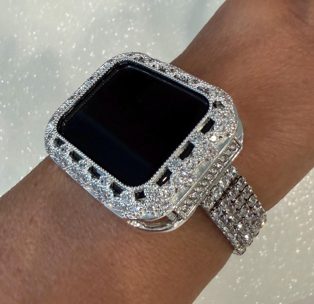 Silver Apple Watch Band Women Swarovski Crystals & or Flower Apple Watch Case for Iphone Watch 41mm-46mm Smartwatch Bumper Case Bling