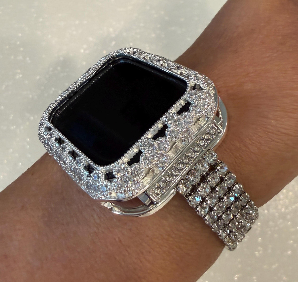 Silver Apple Watch Band Women Swarovski Crystals & or Flower Apple Watch Case for Iphone Watch 41mm-46mm Smartwatch Bumper Case Bling
