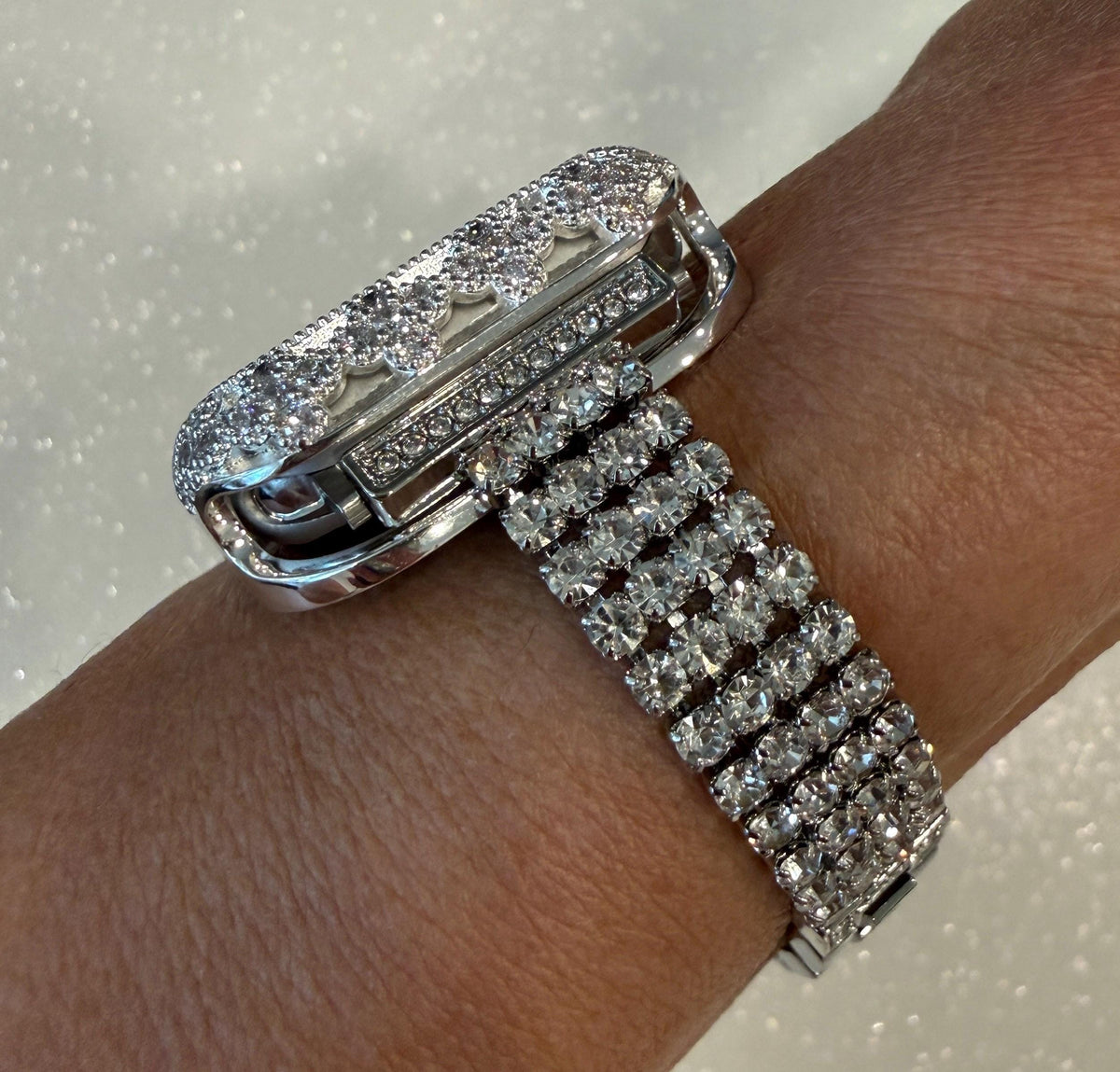 Silver Apple Watch Band Women Swarovski Crystals & or Flower Apple Watch Case for Iphone Watch 41mm-46mm Smartwatch Bumper Case Bling