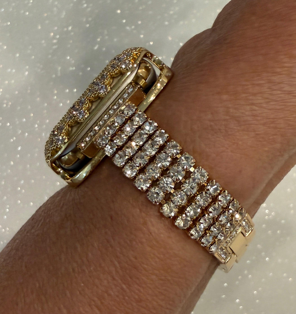 Gold Apple Watch Band Women Swarovski Crystals & or Flower Apple Watch Case for Iphone Watch 41mm-46mm Smartwatch Bumper Case Bling