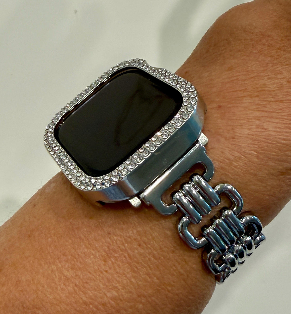 Designer Apple Watch Band, Silver Metal Bracelet & Bling Iwatch Case Set, 2 Rows Crystals, Apple Watch Cover, Screen Protector Options