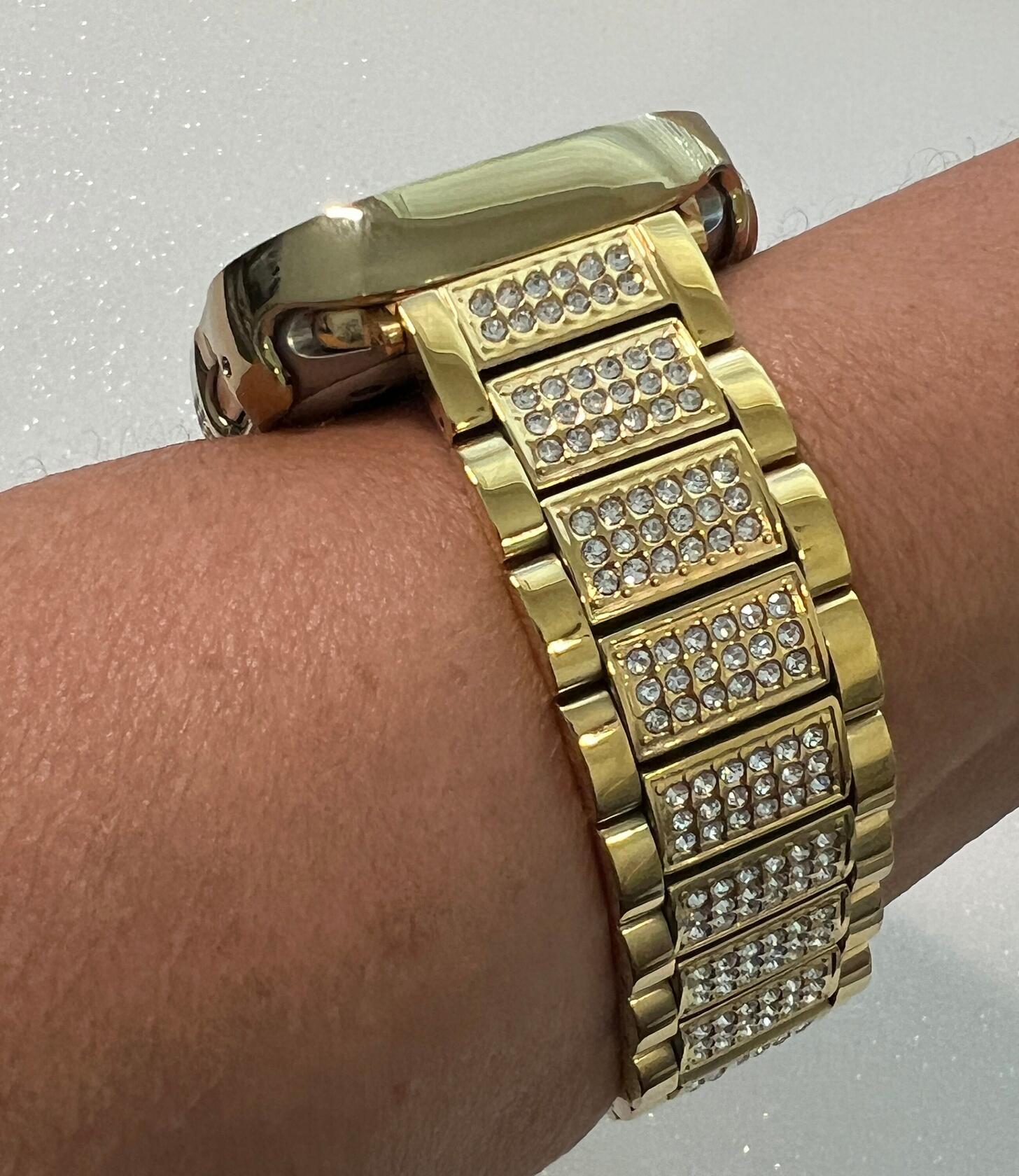 Apple Watch Band Yellow Gold 49mm Ultra Swarovski Crystals & or Apple Watch Cover Tempered Glass Screen Protector Poly Carbonate Case