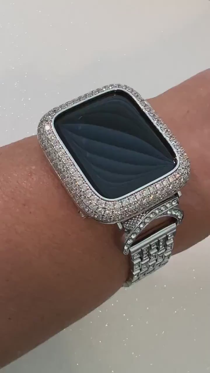 Swarovski Crystal Apple Watch Band Womens Silver Bracelet & or Apple Watch Cover Lab Diamond Bezel 38mm-49mm Ultra Iphone Watch Case