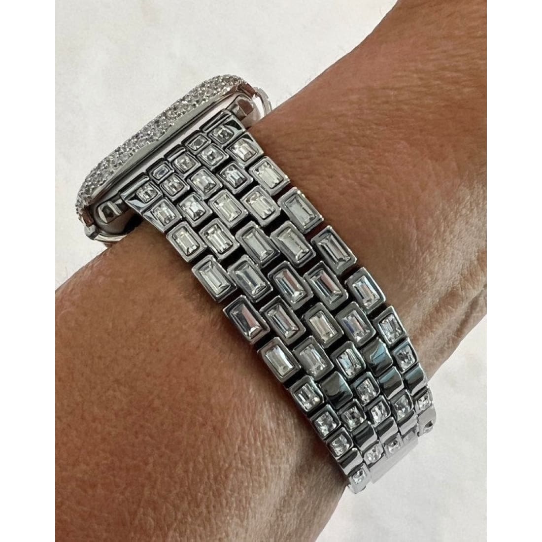 Silver Apple Watch Band Swarovski Crystal Baguettes 38 40 41 42 44 45mm & orLab Diamond Bezel Cover Smartwatch Case Bling - 41mm apple