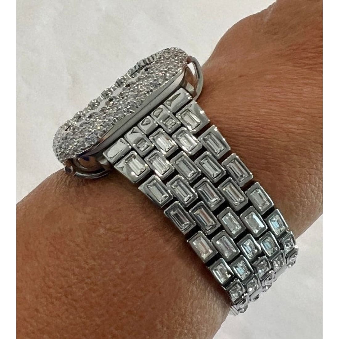 Silver Apple Watch Band Swarovski Crystal Baguettes 38 40 41 42 44 45mm & orLab Diamond Bezel Cover Smartwatch Case Bling - 41mm apple