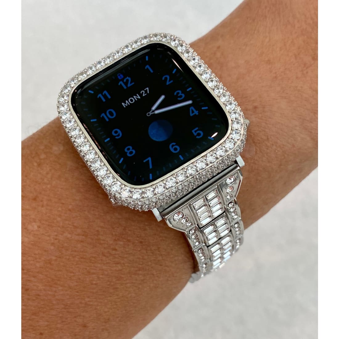 Silver Apple Watch Band Swarovski Crystal Baguettes & or Apple Watch Cover Lab Diamond Bezel Case Bling 38 40 41 42 44 45 49mm Ultra - Apple