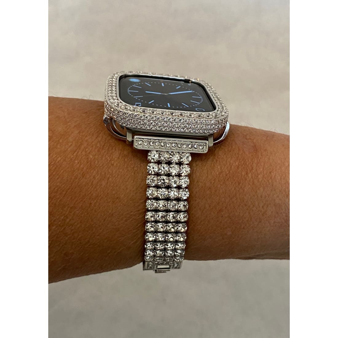 Silver Apple Watch Band Women 41mm 45mm 49mm Ultra Series 8 Swarovski Crystals & or Lab Diamond Bezel Cover Bumper 38mm-44mm Series 1-8 -