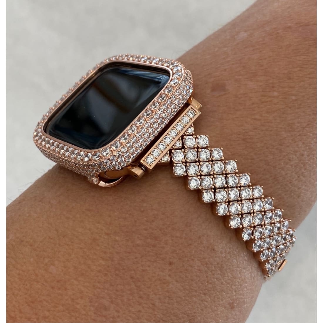 41mm 45mm Rose Gold Apple Watch Band Series 7-8 Swarovski Crystals & or Lab Diamond Bezel Cover Smartwatch Bling 38mm-45mm