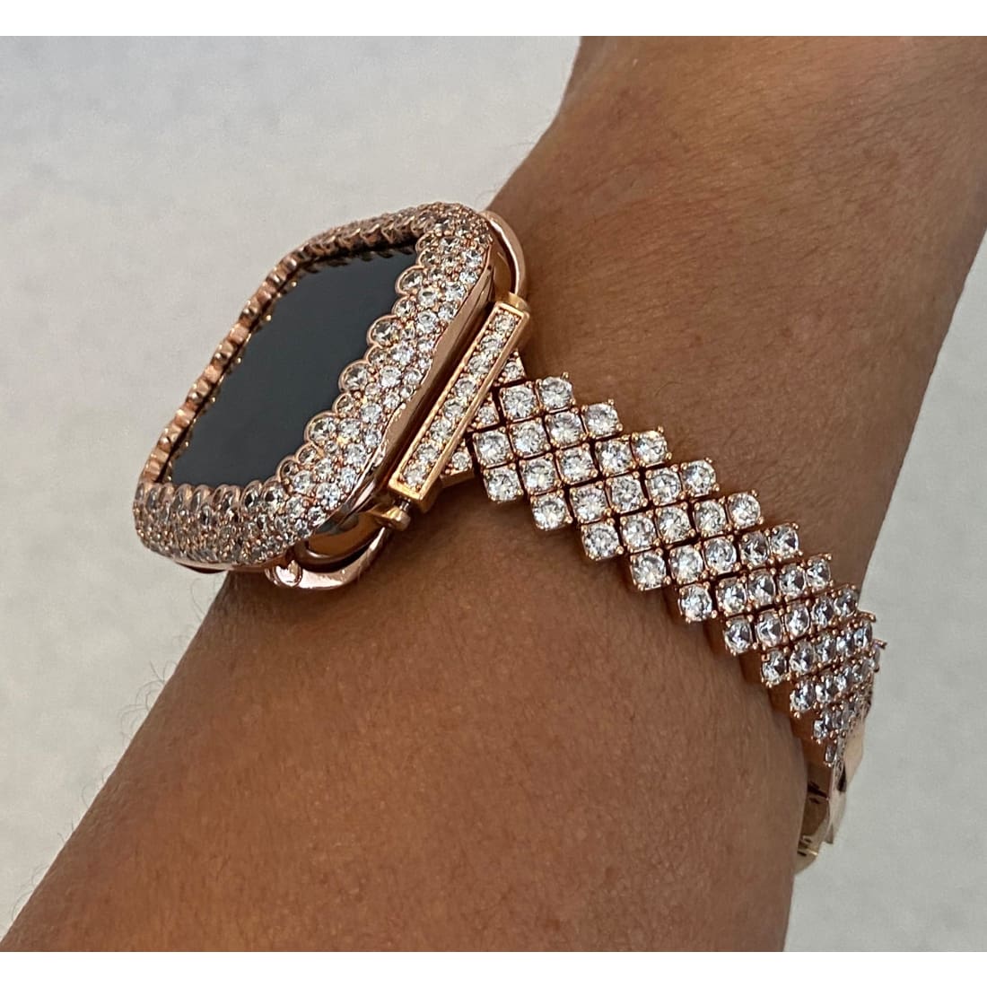 Apple Watch Band Rose Gold Women's Series 1-8 & or Lab Diamond Bezel Bumper 38mm 40mm 42mm 44mm Smartwatch Bumper Bling
