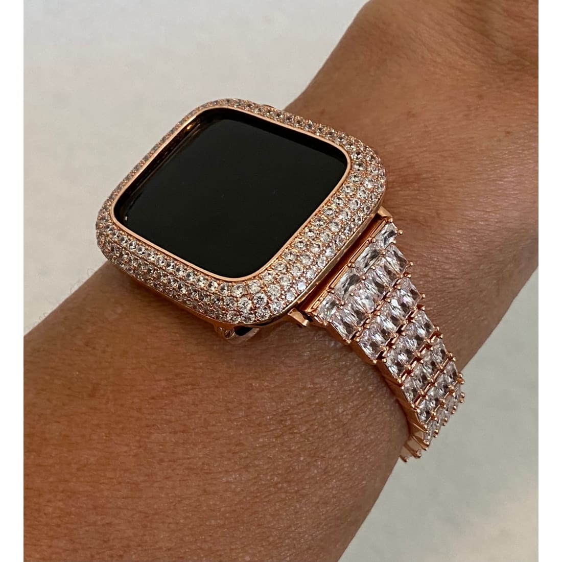 Apple Watch Band Series 7 41mm 45mm Rose Gold & or Pave Lab Diamond Bezel Cover Iwatch Bumper 38 40 42 44mm