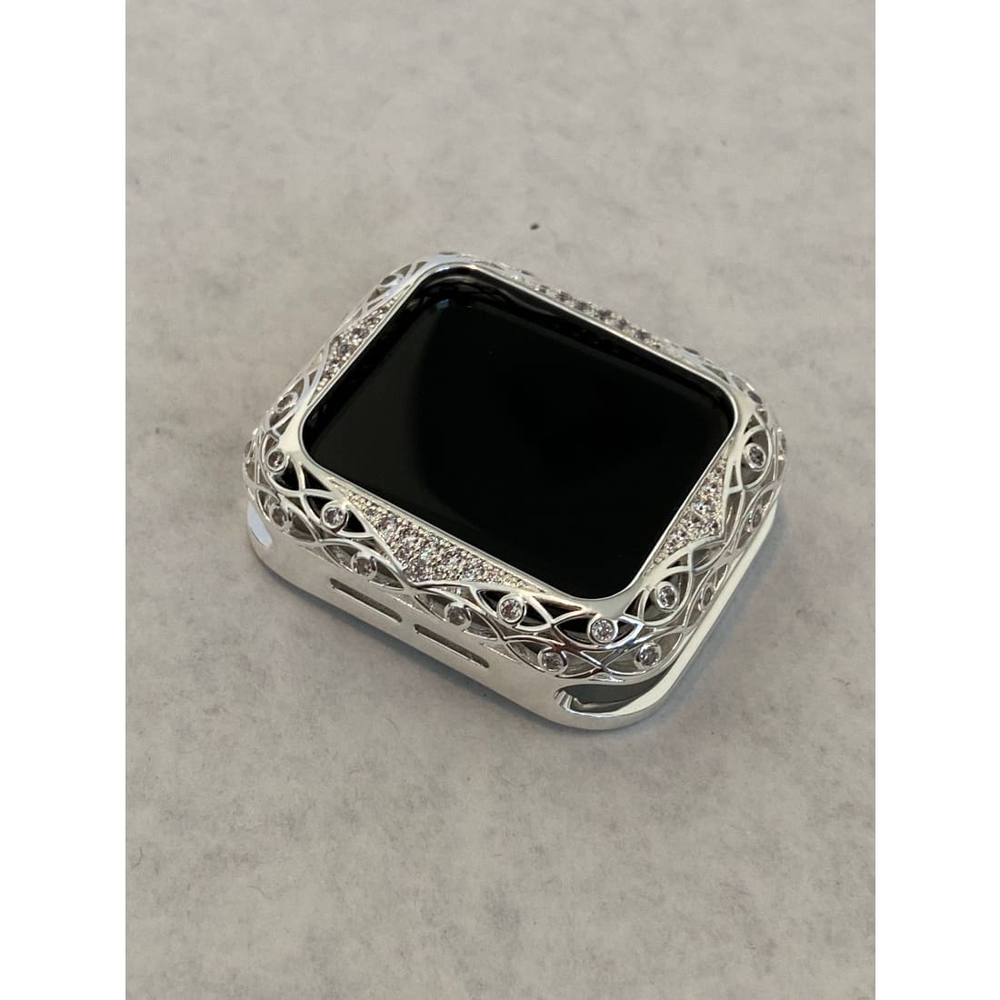 Apple Watch Bezel Cover Silver Lace Design Metal Case with Inset Rhinestones 38 40 42 44mm Series 6 Custom Handmade