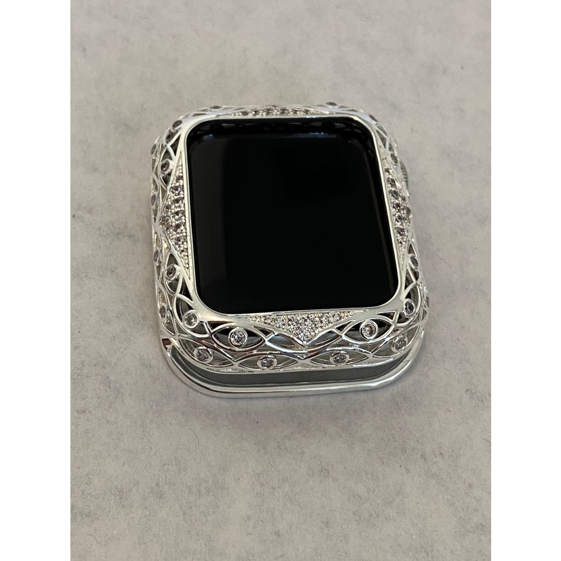 Apple Watch Bezel Cover Silver Lace Design Metal Case with Inset Rhinestones 38 40 42 44mm Series 6 Custom Handmade